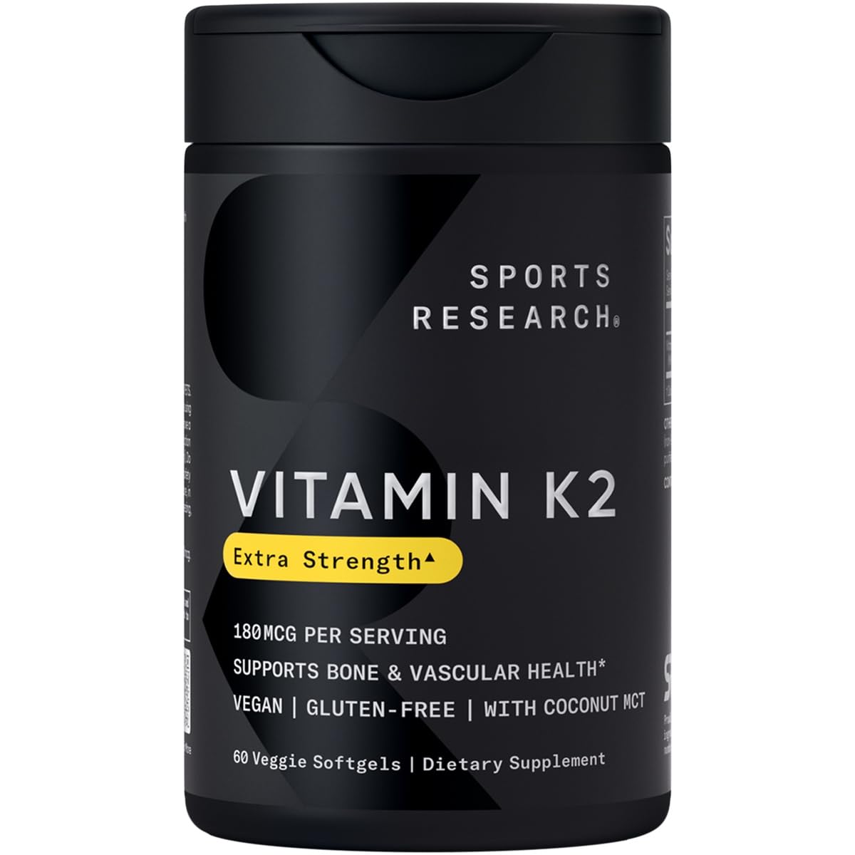 Sports Research Vitamine K2 MK7 180 mcg, bouteille softgel vegan, absorption pratique.