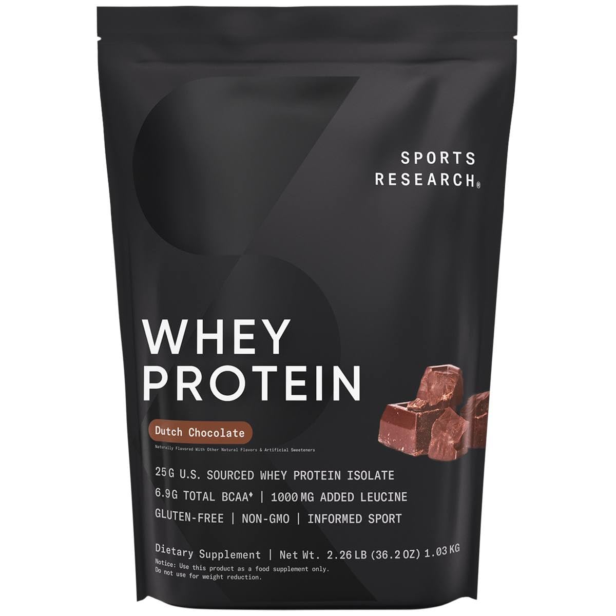 Sports Research Whey Protéine Isolate dans sa boîte, pratique pour démarrer vos séances.