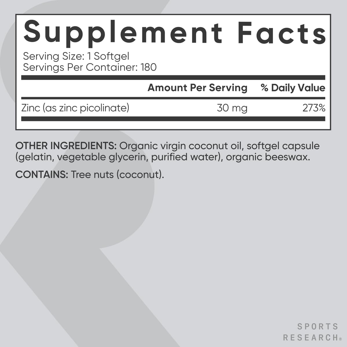 Sports Research Zinc Picolinate 30 mg - Étiquette sans OGM pour transparence.