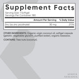 Sports Research Zinc Picolinate 30 mg - Étiquette sans OGM pour transparence.