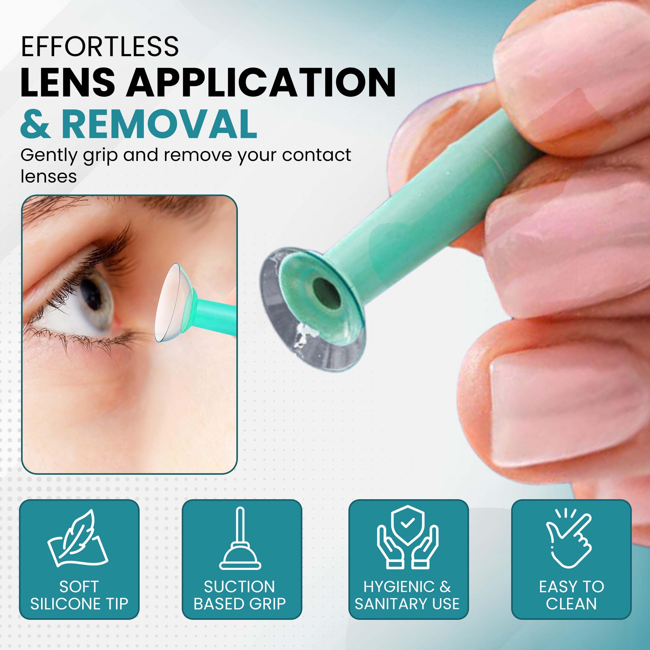 Inserteur en silicone doux SPORTS WORLD VISION pour une insertion douce des lentilles.