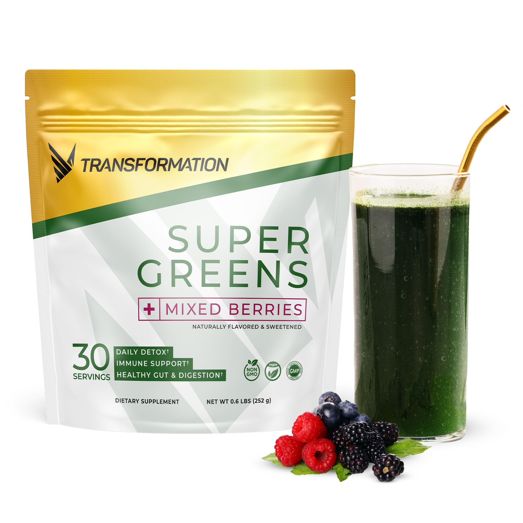 SPR BODY Transformation Super Greens, bouteille prête à l'emploi, soutien potentiel à l'immunité et à l'énergie.