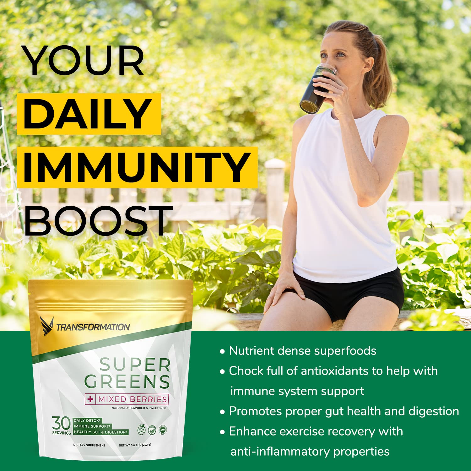 SPR BODY Transformation Super Greens: poudre verte prête à mélanger, favorise un mélange rafraîchissant et nourrissant.