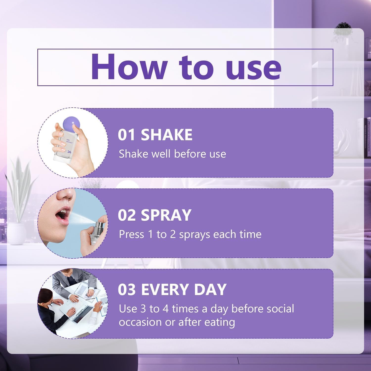Spray buccal probiotique – application rapide qui rafraîchit sans alcool.