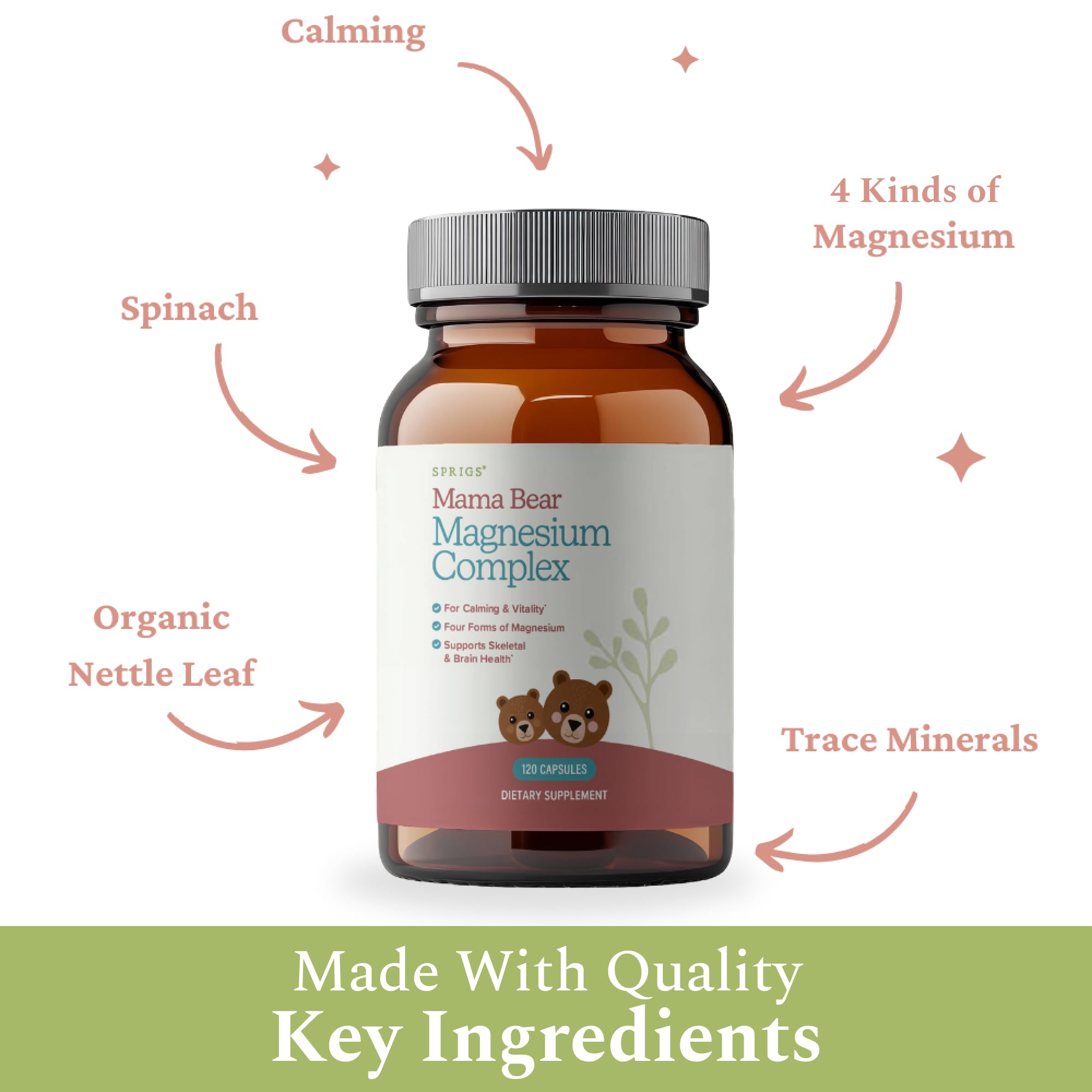 SPRIGS Mama Bear Magnesium Complex – Ingrédients ortie et epinards pour une nutrition naturelle.
