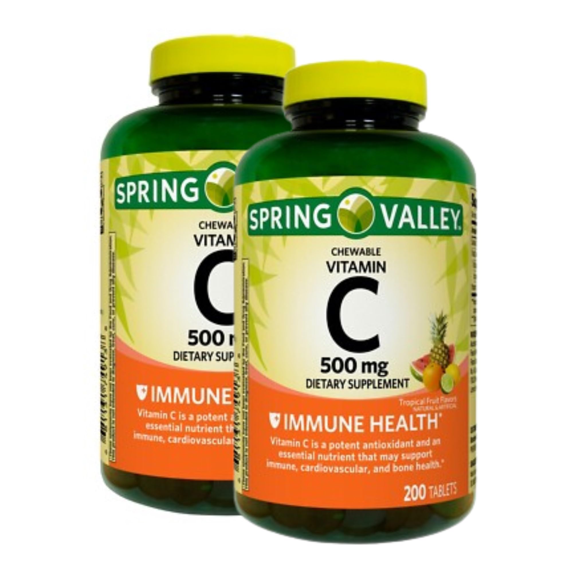 Spring Valley vitamine C 500 mg – bouteille et tablettes croquables au goût tropical, soutien immunitaire potentiel.