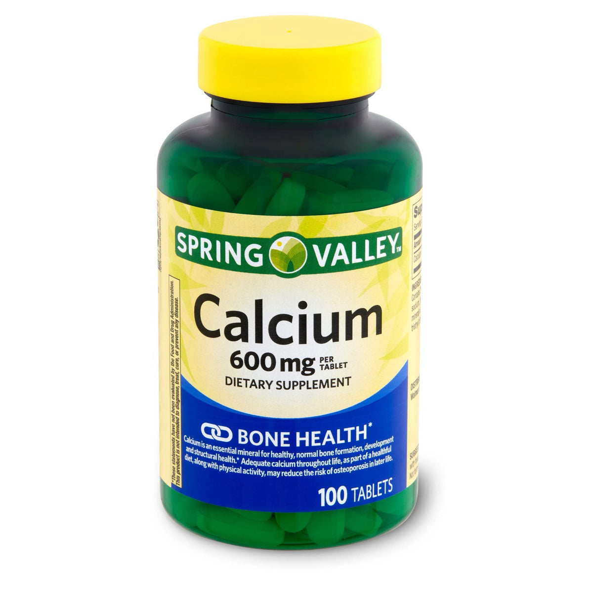Spring Valley Calcium 600 mg, bouteille visible, soutien potentiel à la santé des os au quotidien.