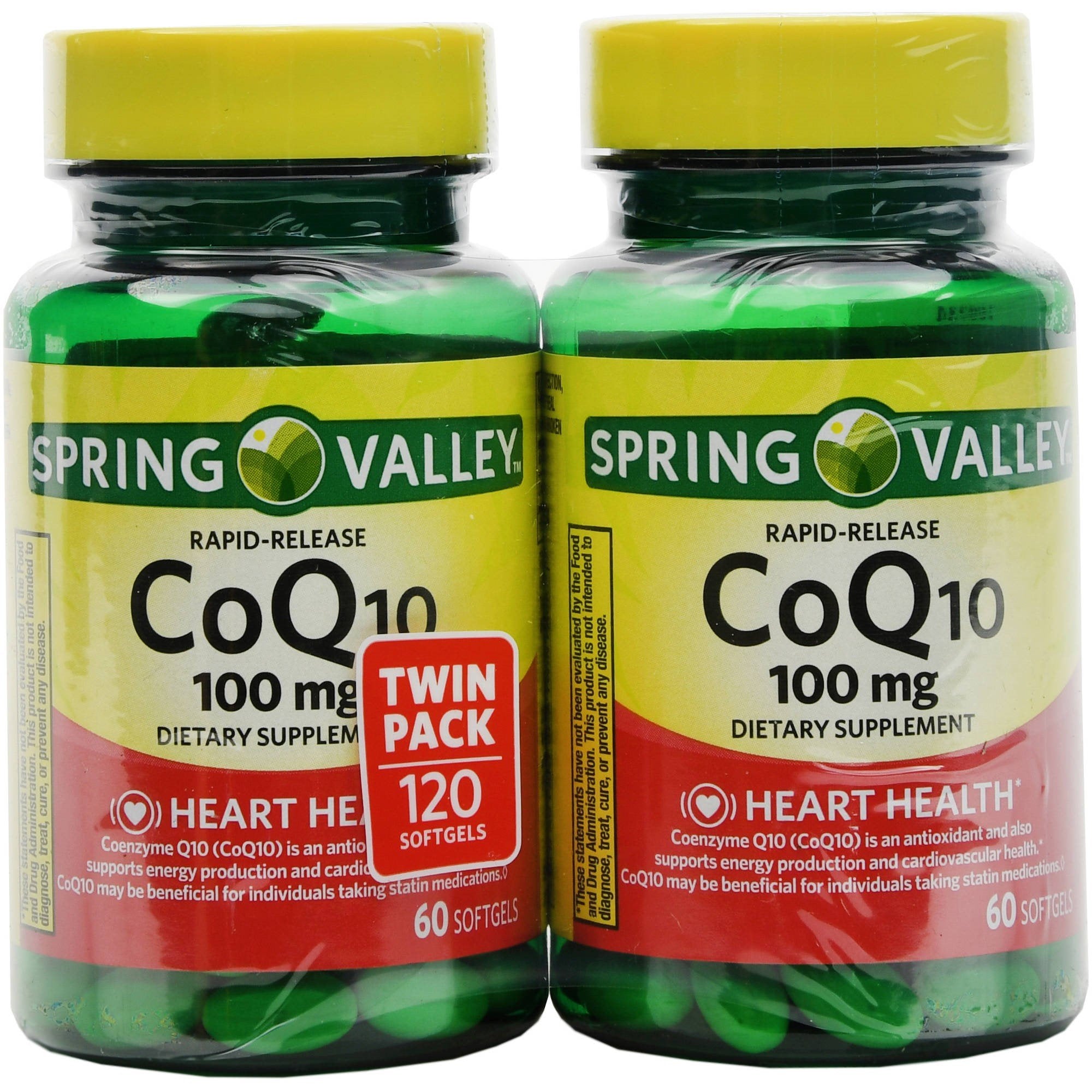 Spring Valley CoQ10, bouteille de 60 gélules, usage quotidien potentiel pour énergie et cœur.