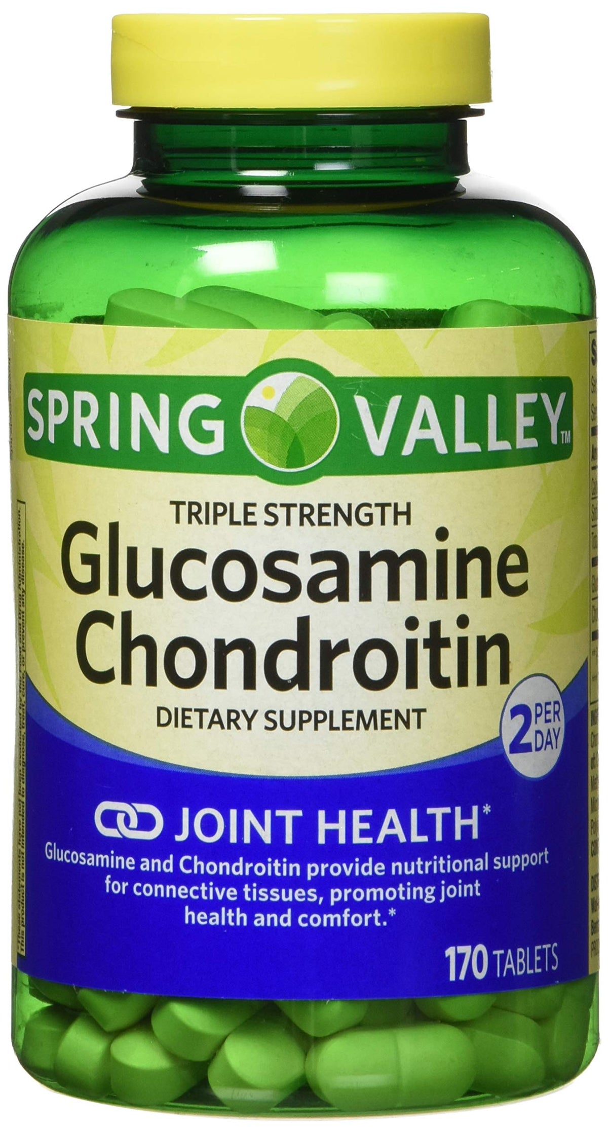 Spring Valley glucosamine-chondroitine; bouteille triple-force montrant le format pratique pour les articulations.