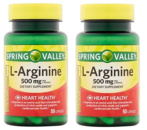 Bouteille Spring Valley L-Arginine 100 capsules de 500 mg, pack de 2, soutien potentiel à la circulation.