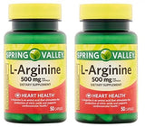 Bouteille Spring Valley L-Arginine 100 capsules de 500 mg, pack de 2, soutien potentiel à la circulation.