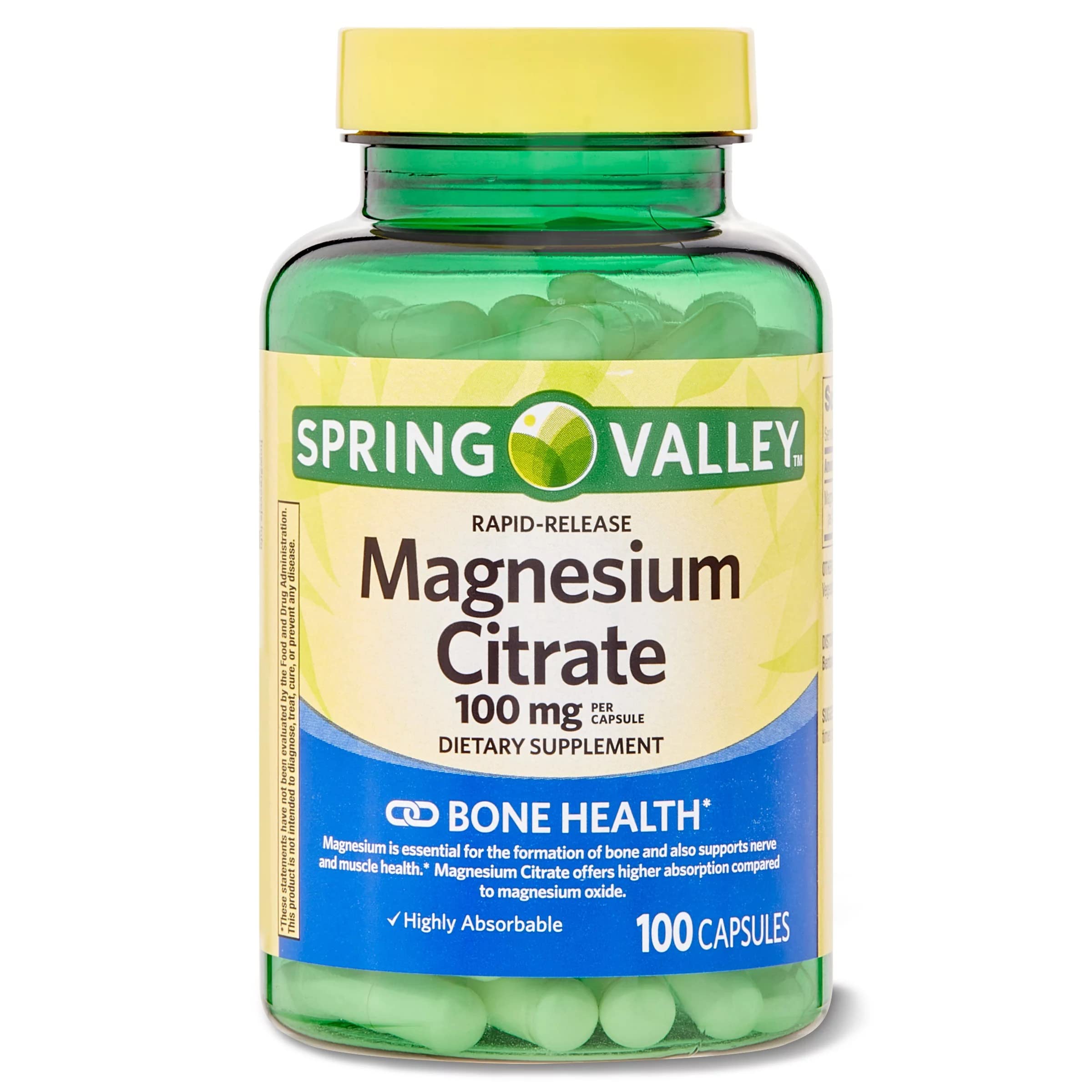 Spring Valley magnésium citrate, capsule 100 mg, libération rapide.