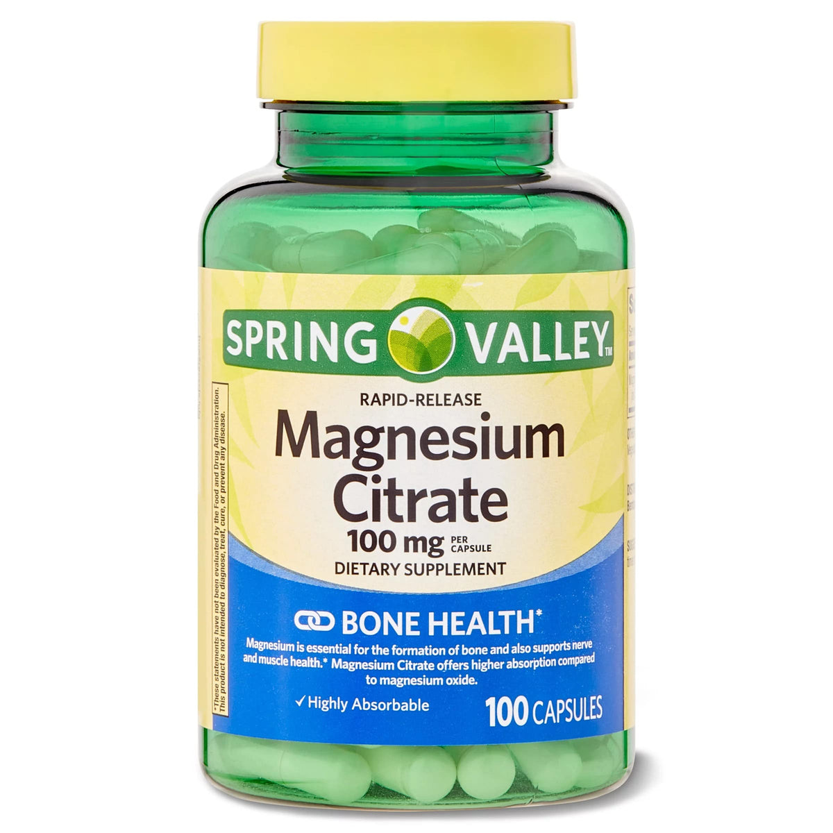 Spring Valley magnésium citrate, capsule 100 mg, libération rapide.