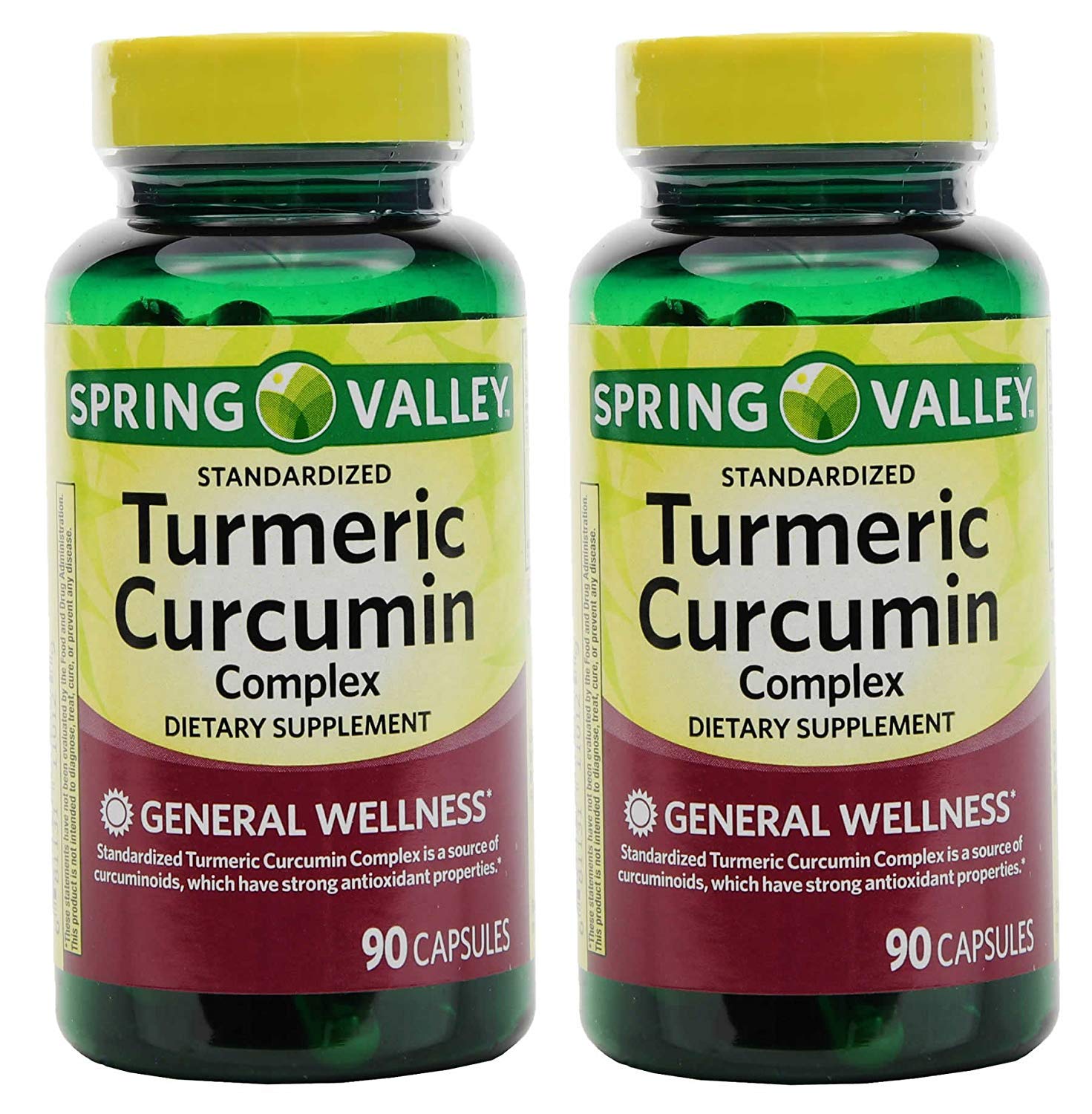 Spring Valley Turmeric Curcumin Complex – Bouteille de 90 gélules, soutien potentiel au bien-être général.