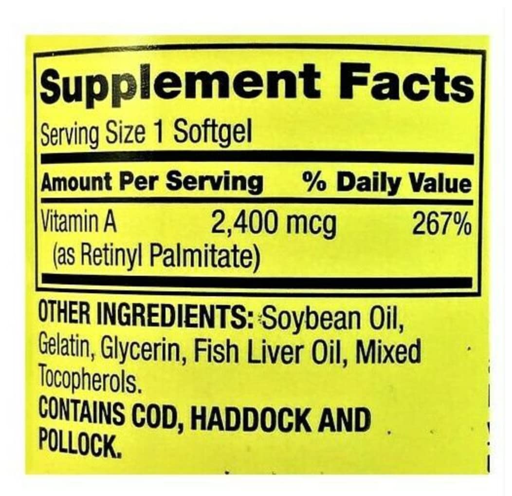 Spring Valley Vitamine A – étiquette détaillée avec teneur et conseils.