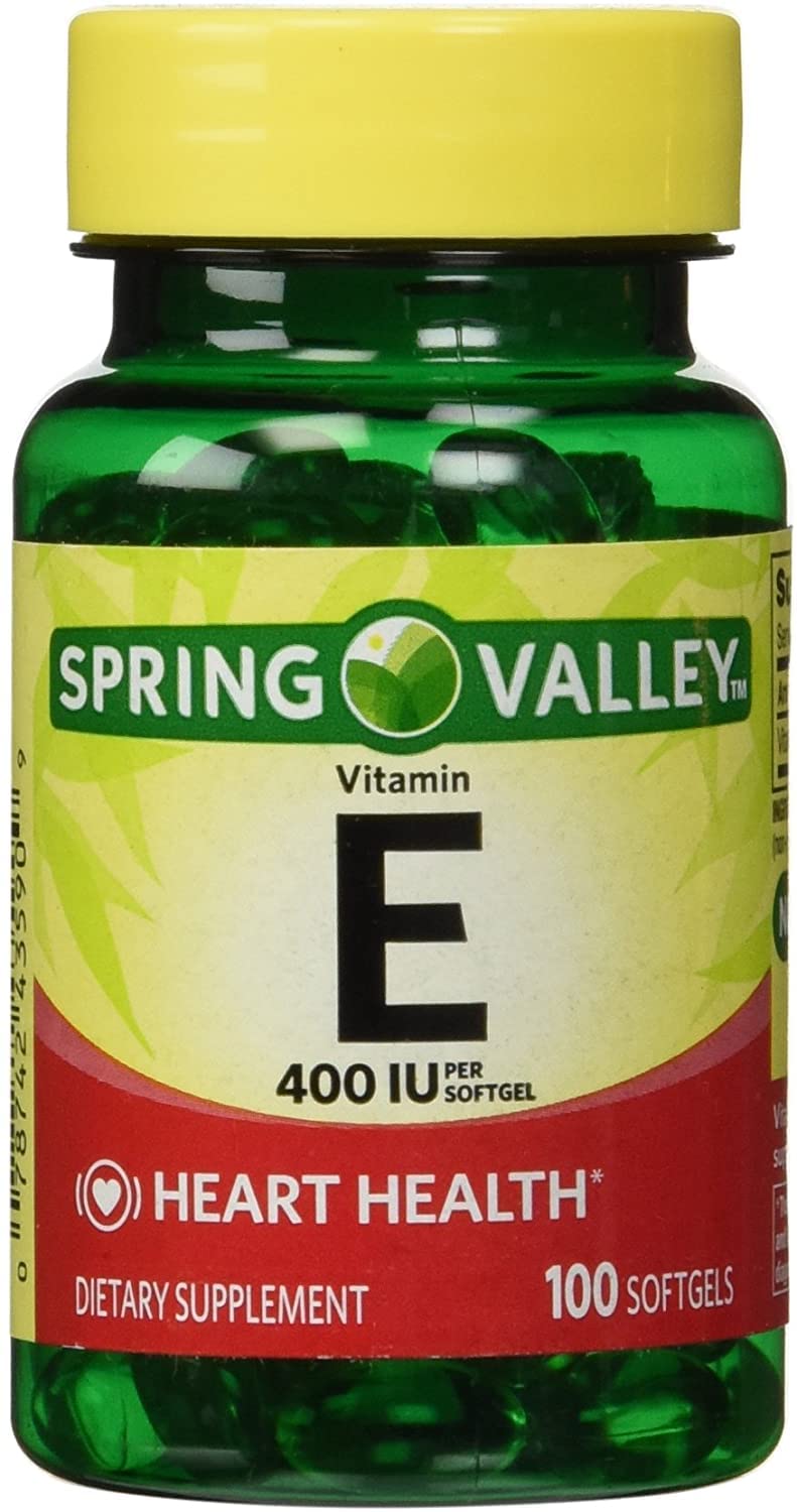 Spring Valley Vitamine E 400 UI — gélules molles solubles, bénéfice potentiel pour peau et cœur.