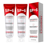 SP-6 SPRINGSUGAR, emballage du dentifrice et aperçu du soin probiotiques.