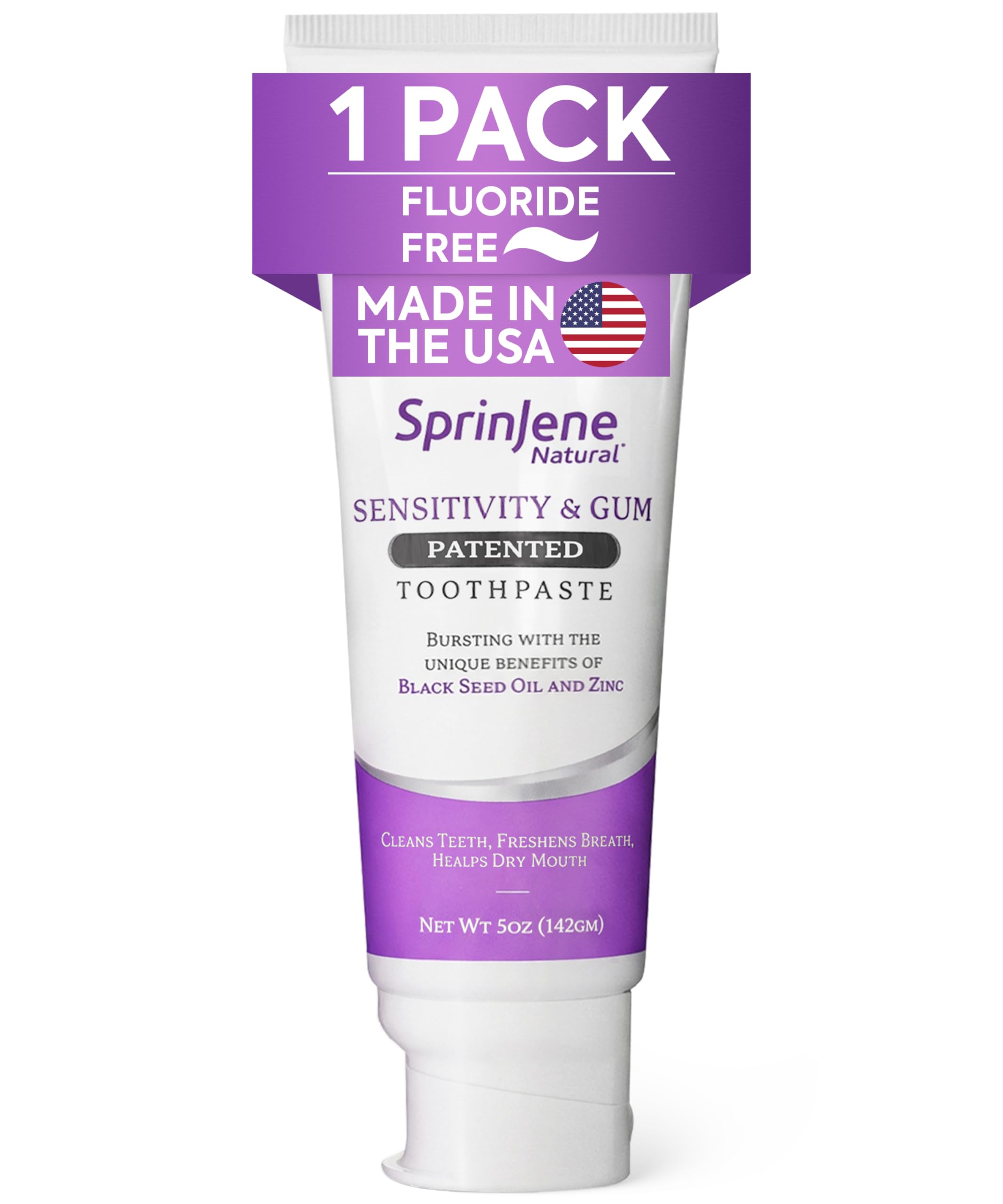 SprinJene dentifrice sans fluor, bouteille montrée, rafraîchissement durable.