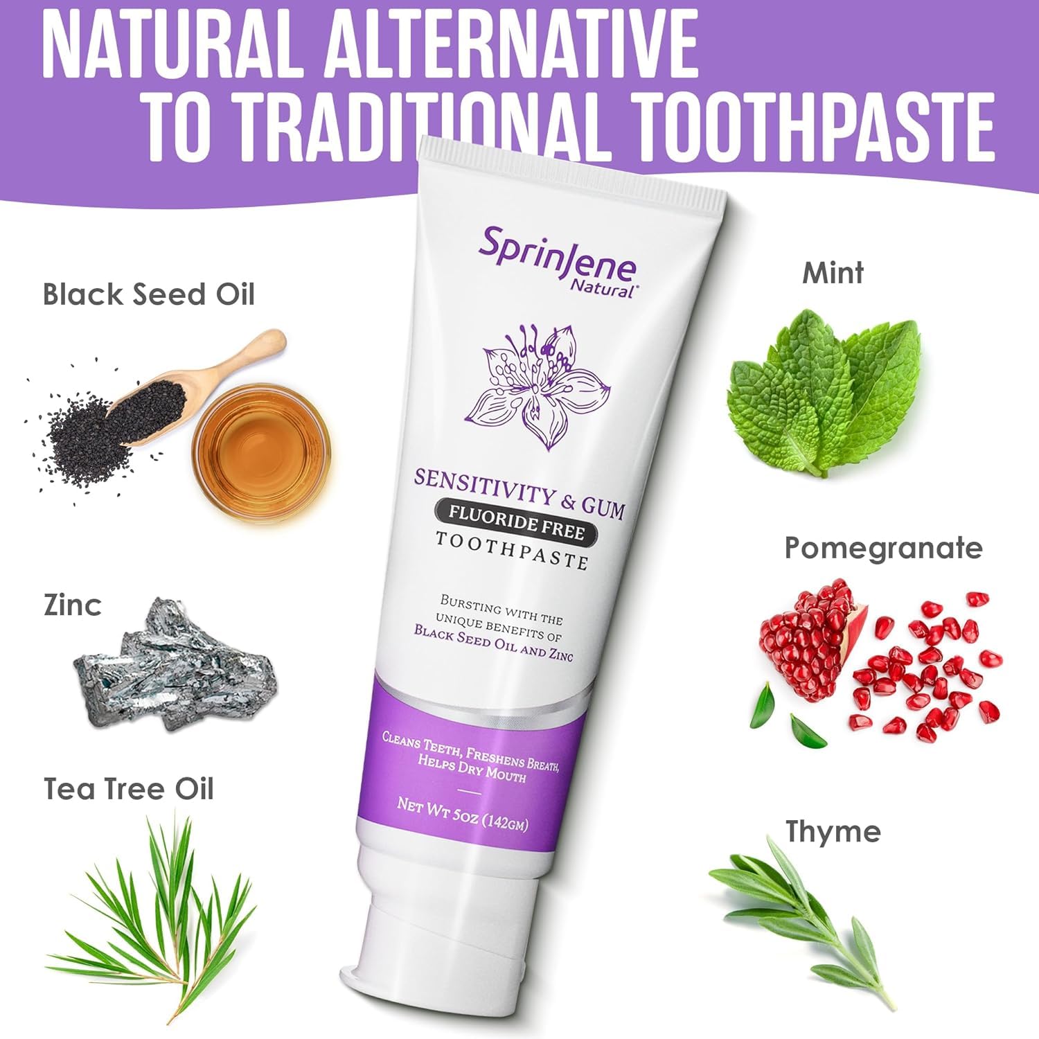 Ingrédients naturels SprinJene mis en valeur pour une routine saine.