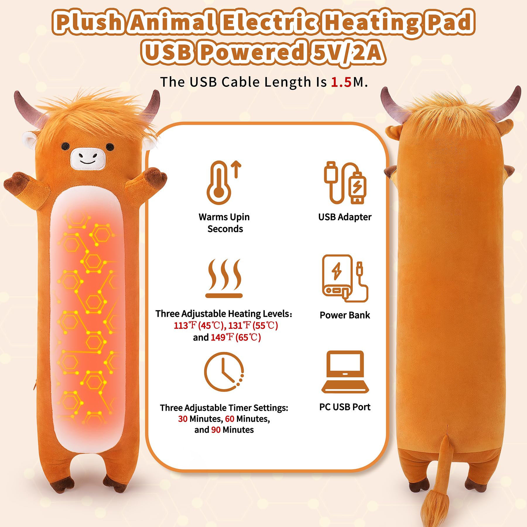 Peluche chauffante USB Sprinqdawin vache Highland pour confort ciblé.