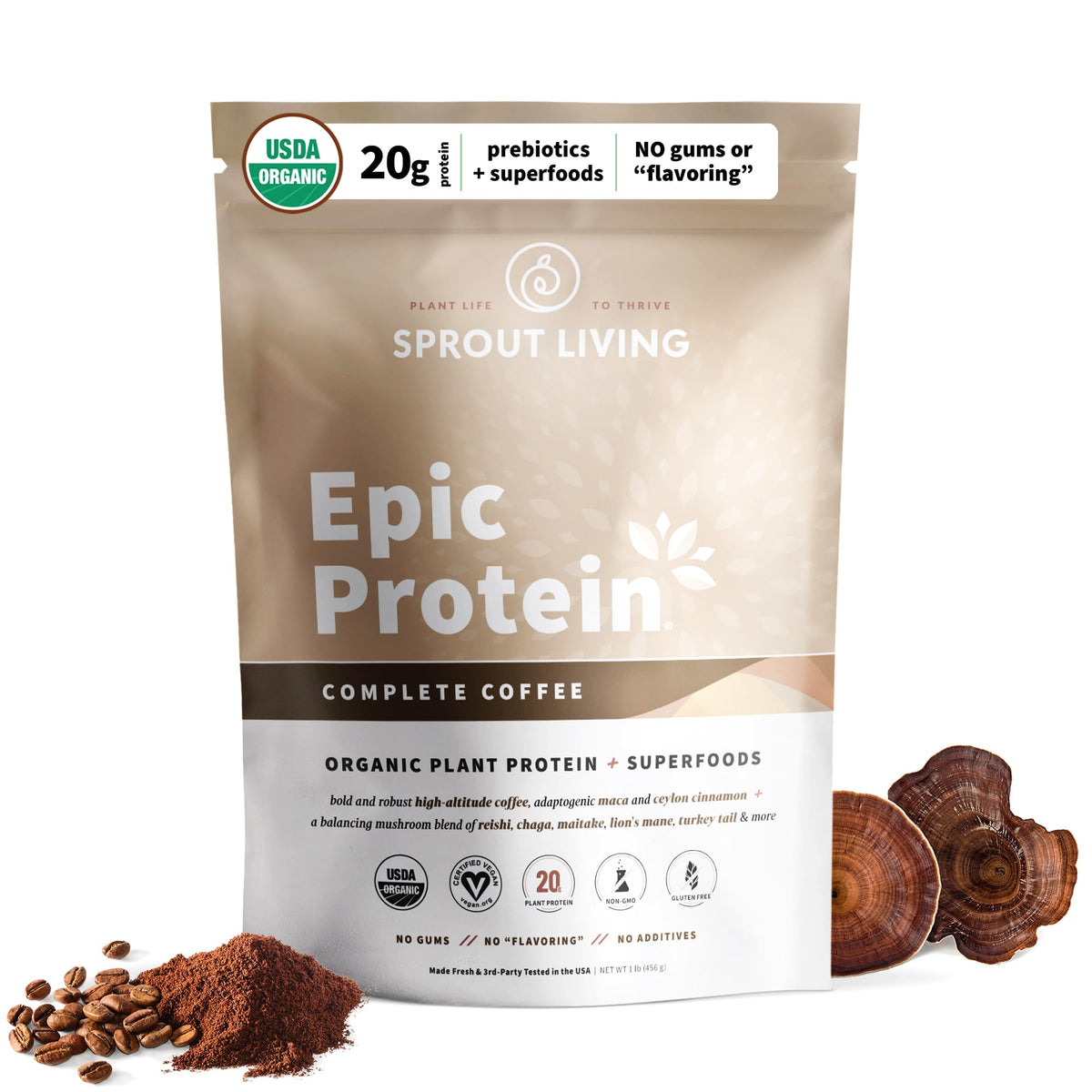 Sprout Living Epic Protein dans une tasse latte café pour une énergie matinale durable