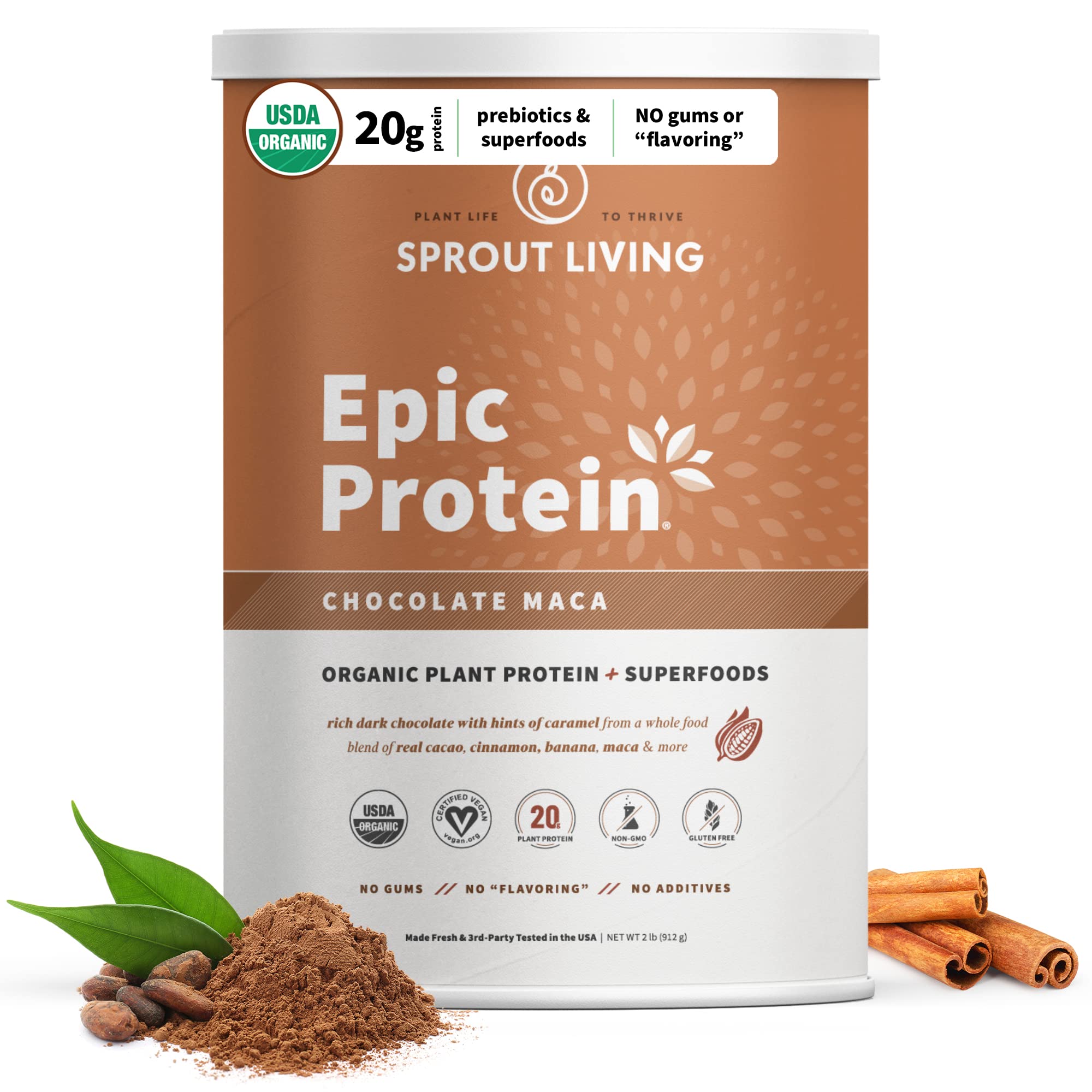 Sprout Living Epic Protein: poudre chocolat Maca, protéine végétale complète pour smoothies énergisants.