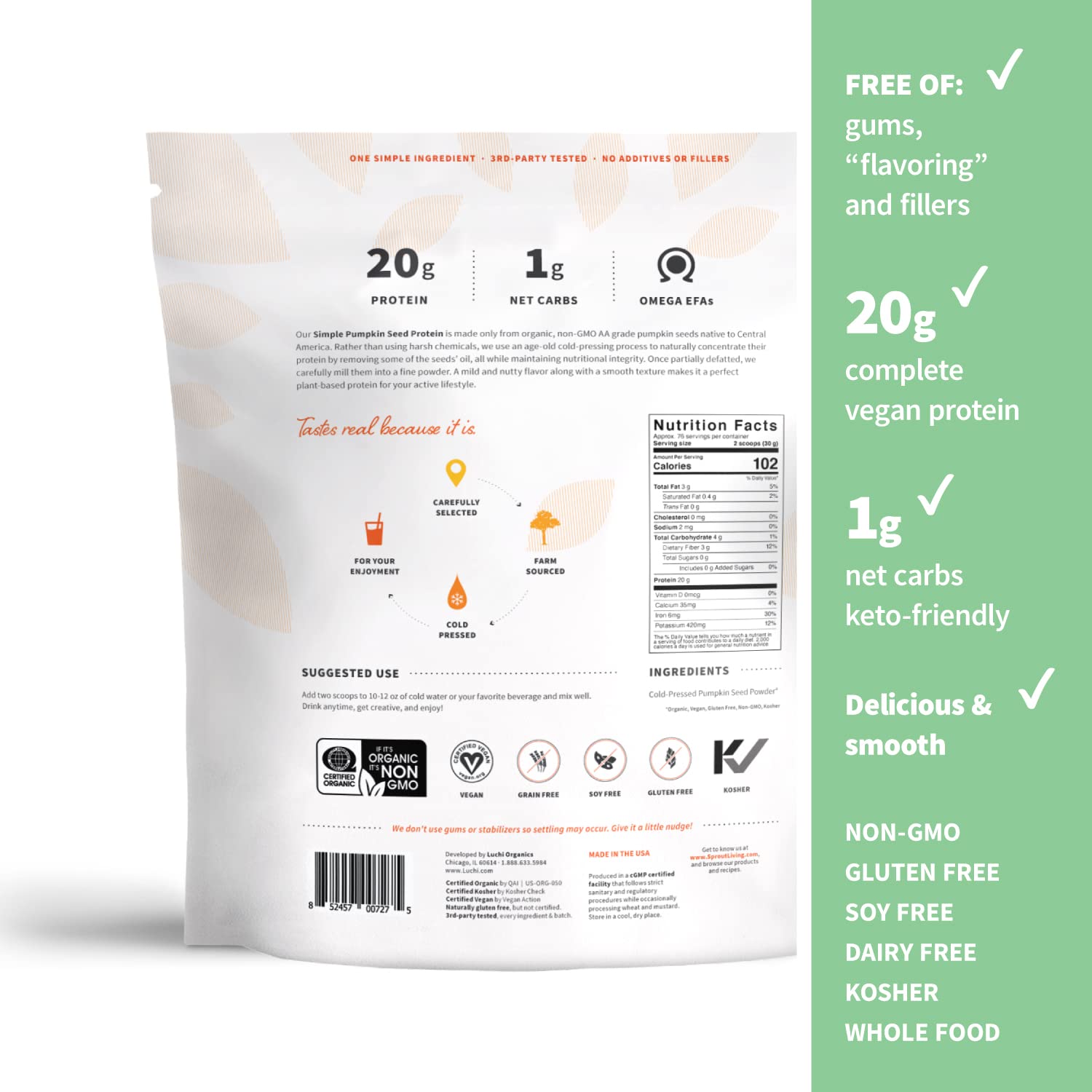 Sprout Living Poudre Protéine Graines Citrouille – doseur inclus pour dosage précis après l'entraînement