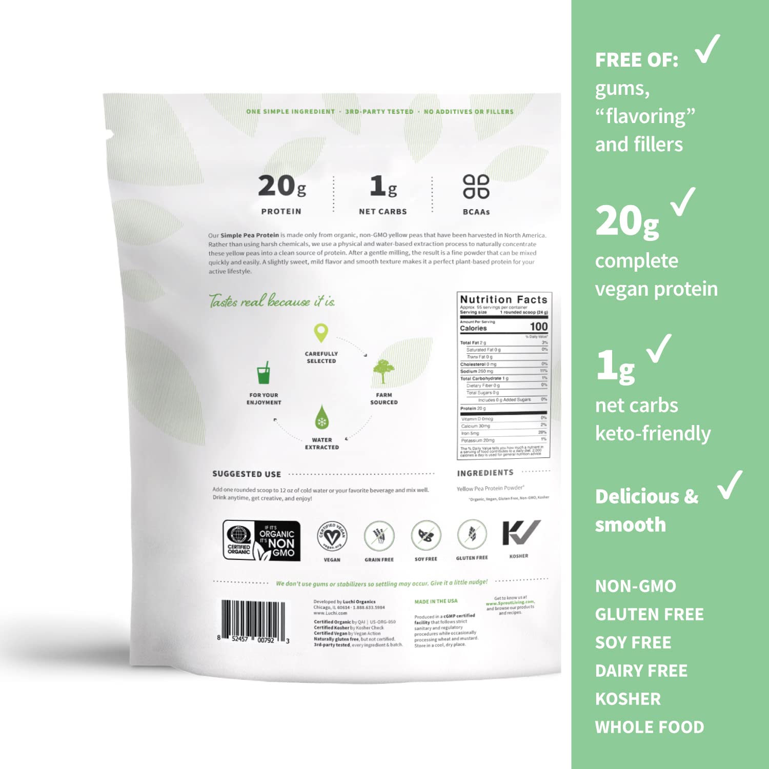 Sprout Living Poudre Protéine Pois Naturel 20 g par portion pour shakes pratiques