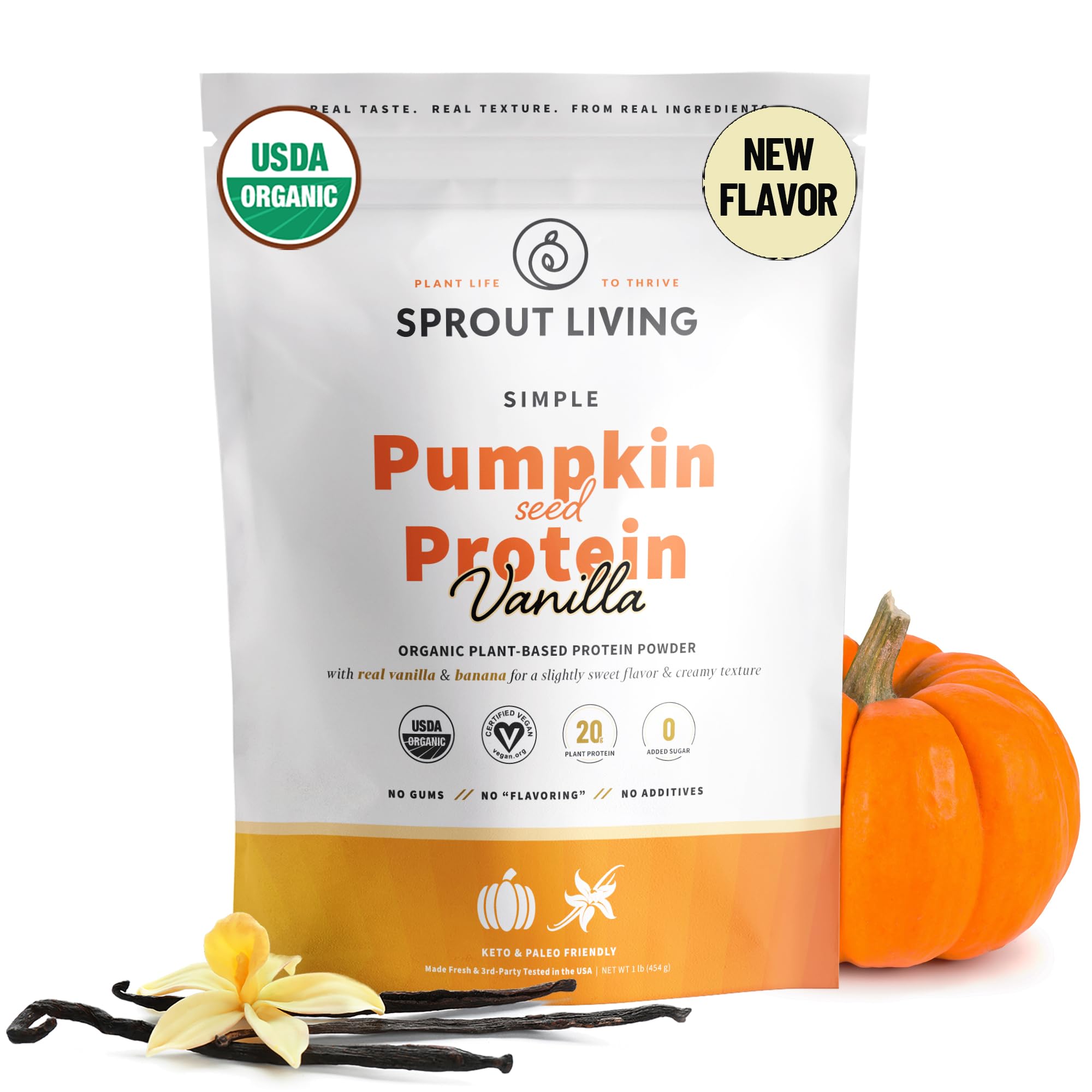Sprout Living poudre proteine potiron vanille emballage bio et sans sucre ajoute