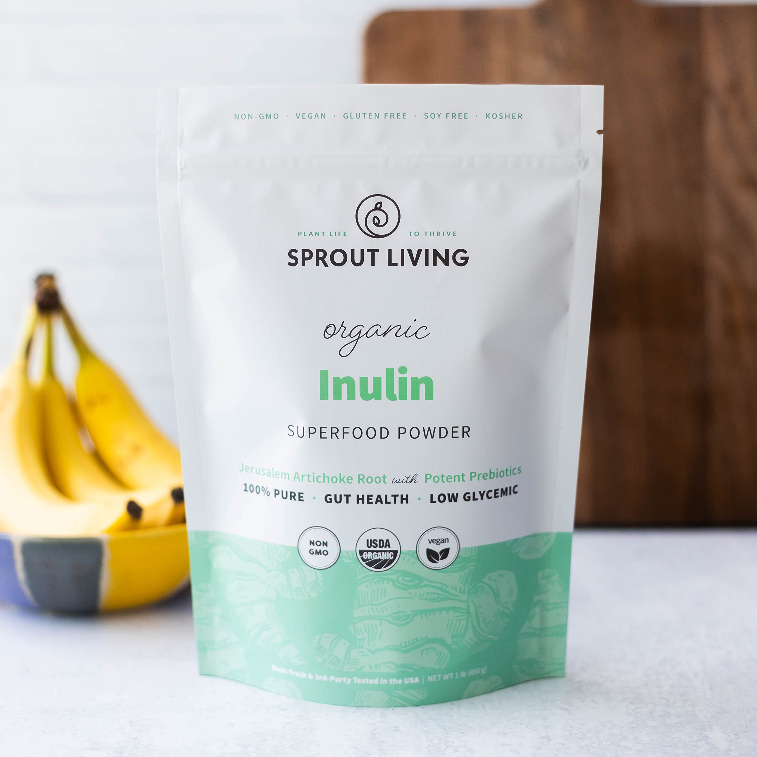 Poudre prébiotique Sprout Living avec FOS, idéale pour renforcer le microbiote via boissons.