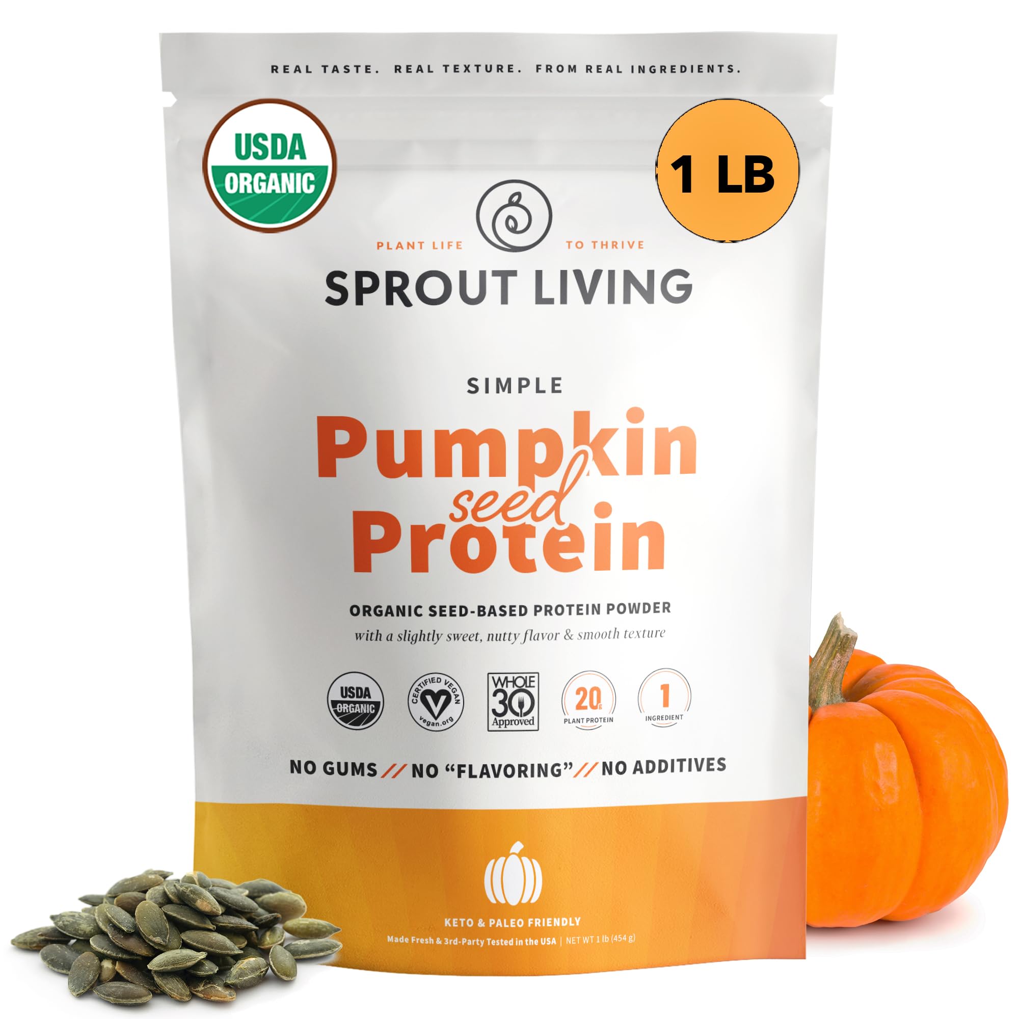 Sprout Living protéine de graines de citrouille en bouteille, riche en protéines végétales.