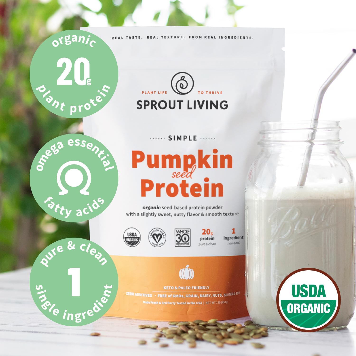 Sprout Living protéine de citrouille riche en oméga-3, -6 et -9 pour un équilibre nutritionnel.