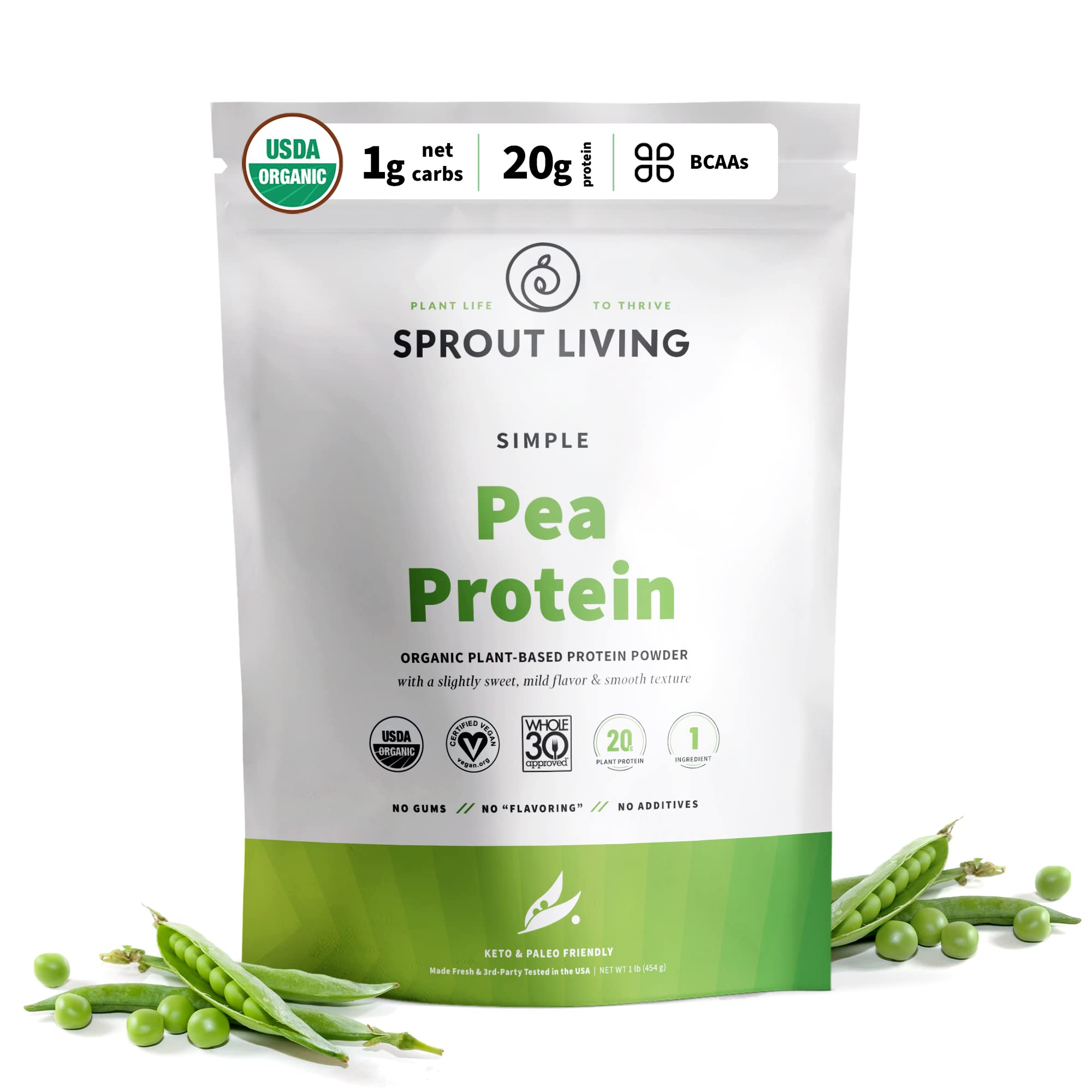 Sprout Living Protéine de pois biologique dans une bouteille, pratique pour un apport protéique végétal.