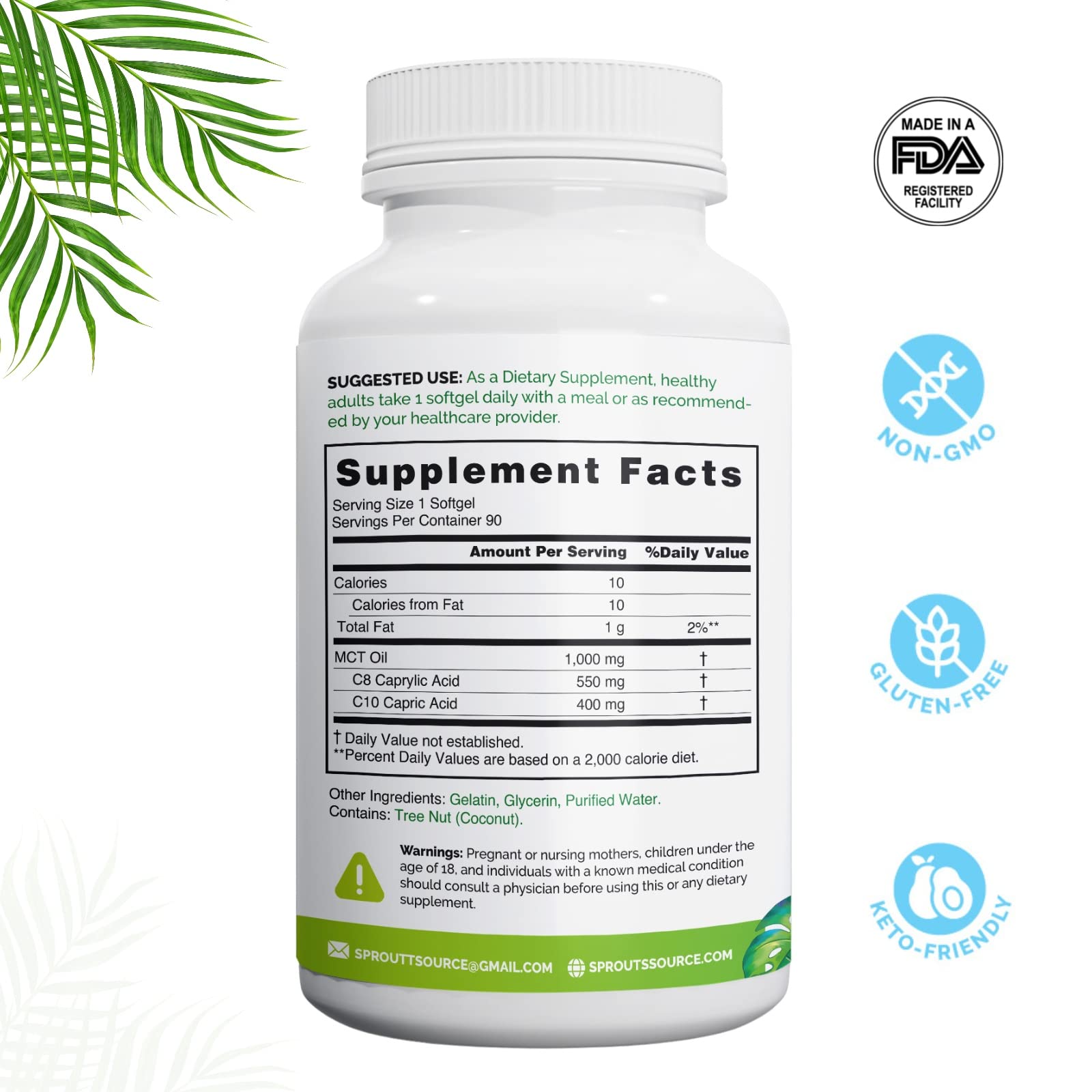 Étiquette Sprout Source: non-OGM et sans gluten, adapté keto et paleo.