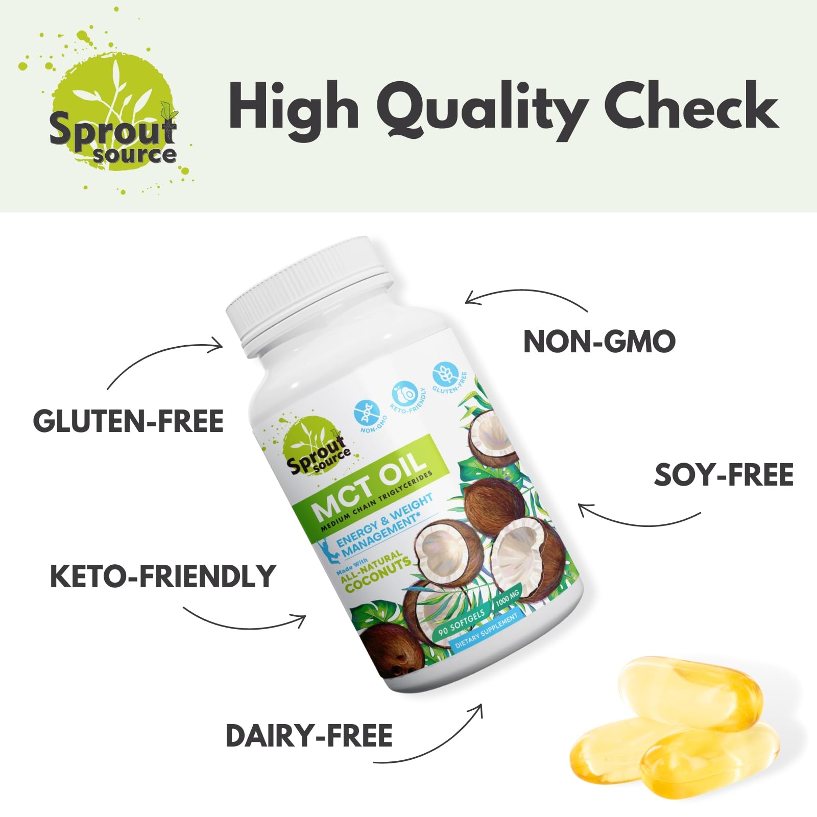 Format portable Sprout Source MCT Softgels, parfait pour les voyages et l’énergie durable.