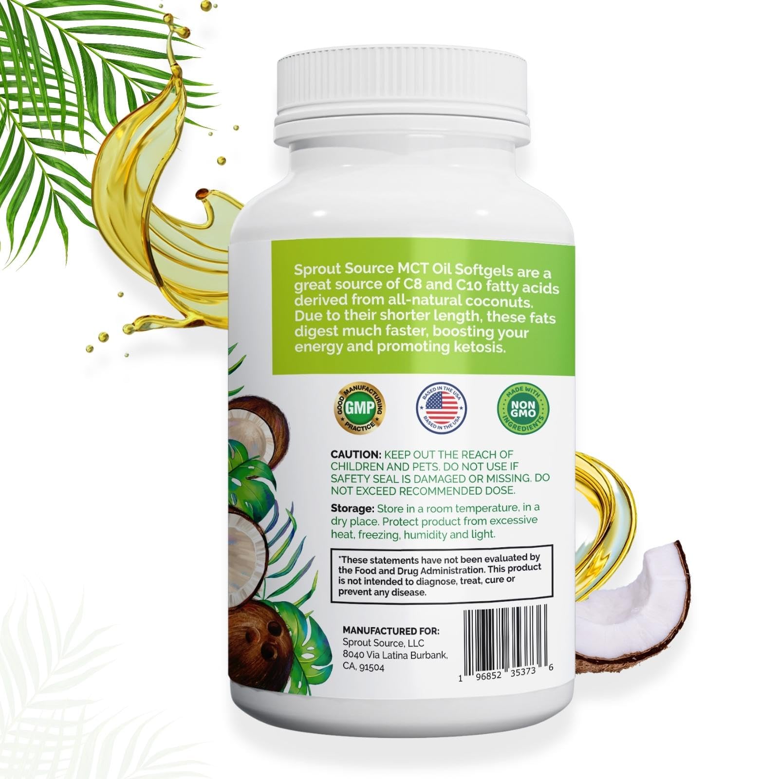 Gros plan sur huile de coco biologique et mélange C8/C10 dans les gélules Sprout Source.