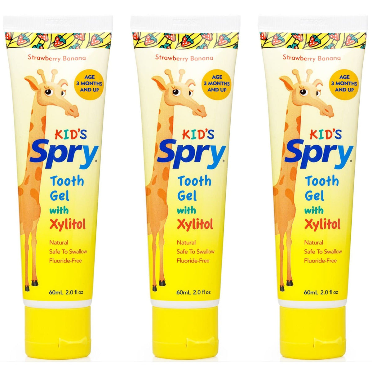 Spry dentifrice naturel bébé et enfants, visuel Fraise-Banane, sans fluorure pour l'hygiène quotidienne.