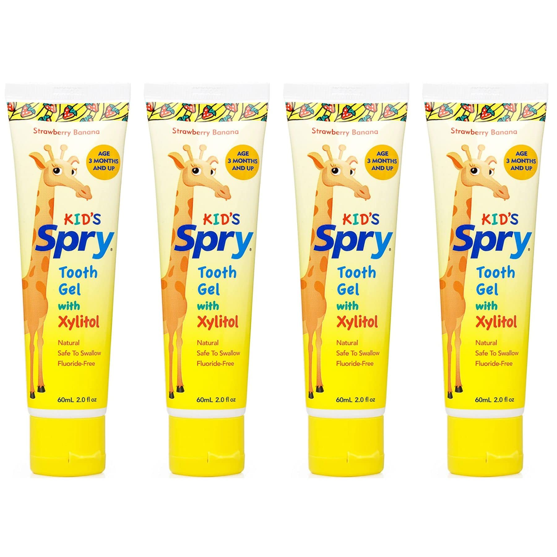 Spry dentifrice xylitol bébé, tube visible, soin doux et sans fluor.