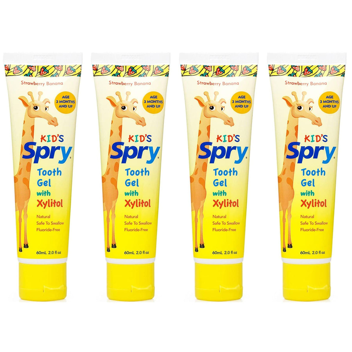 Spry dentifrice xylitol bébé, tube visible, soin doux et sans fluor.