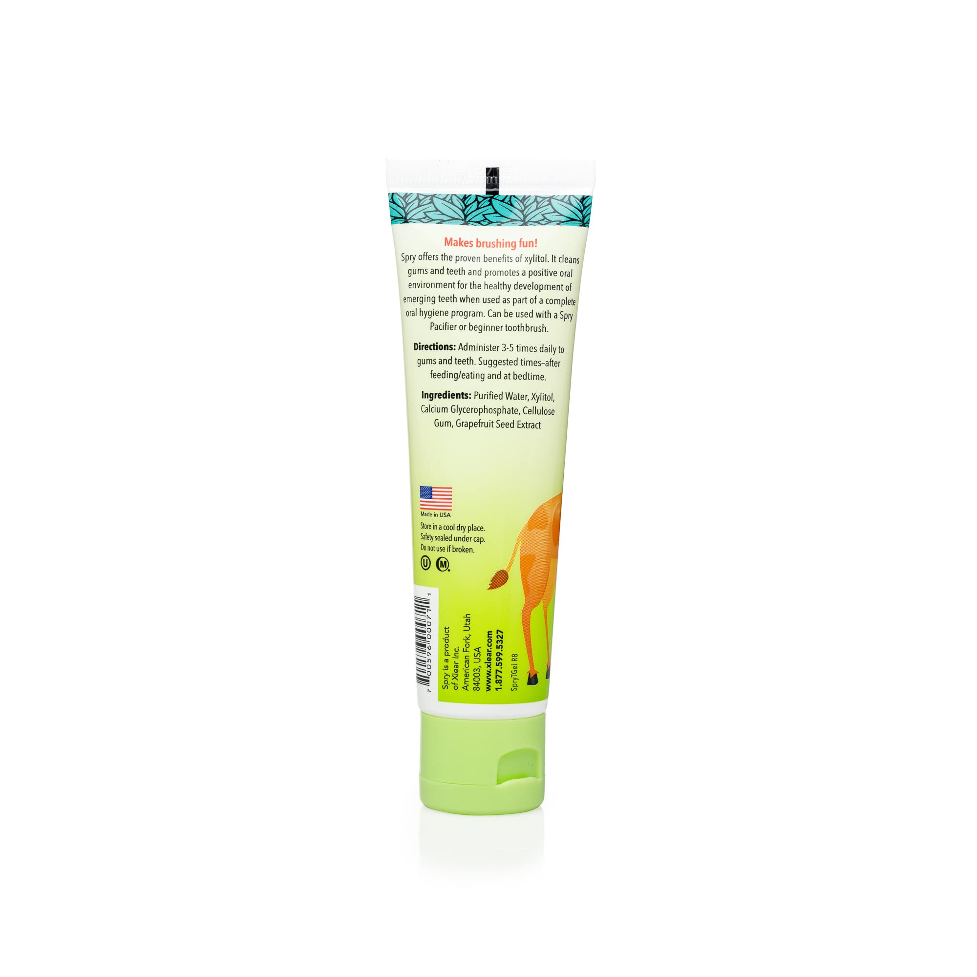 Spry dentifrice-xylitol original, tube pratique pour un brossage facile chez l'enfant.