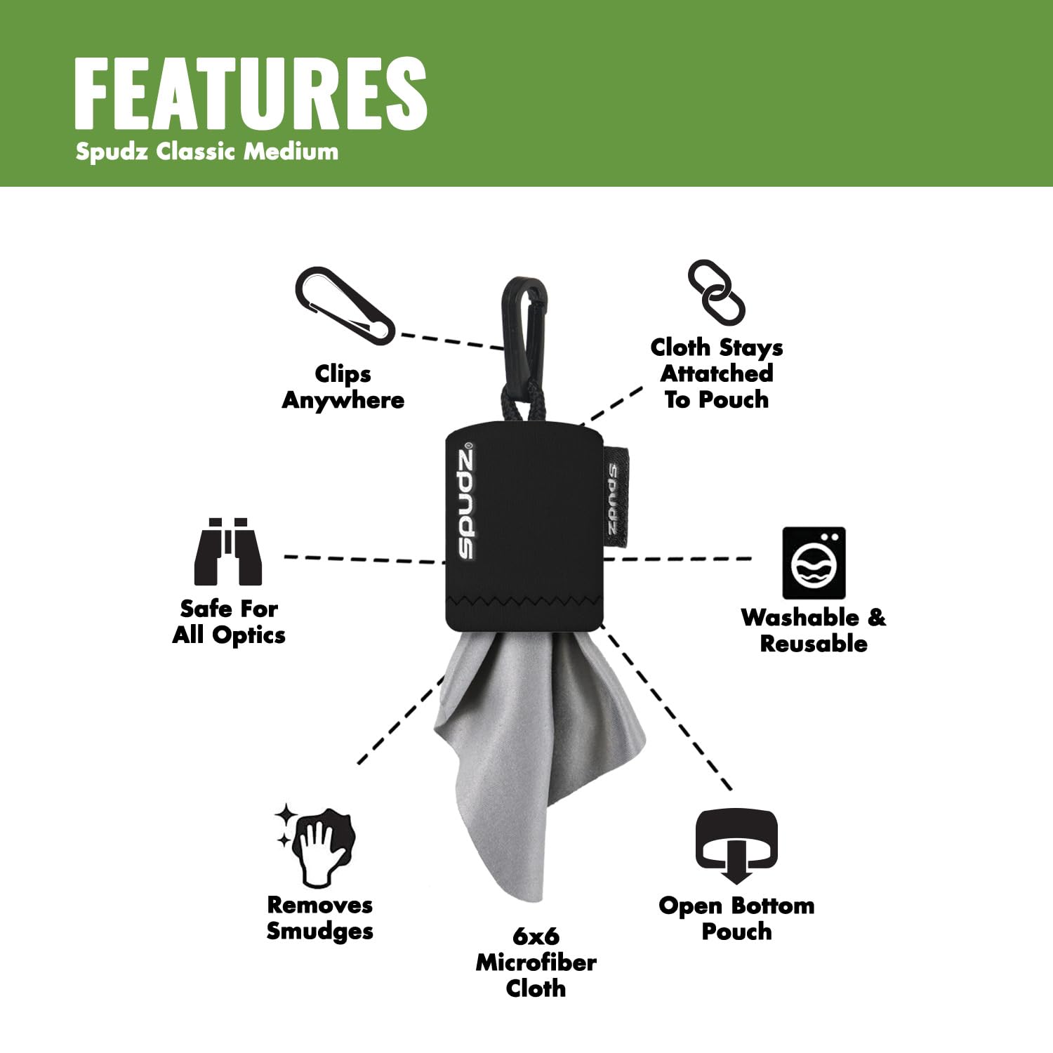 SPUDZ clip d'attache pratique sur harnais ou veste pour un accès rapide.