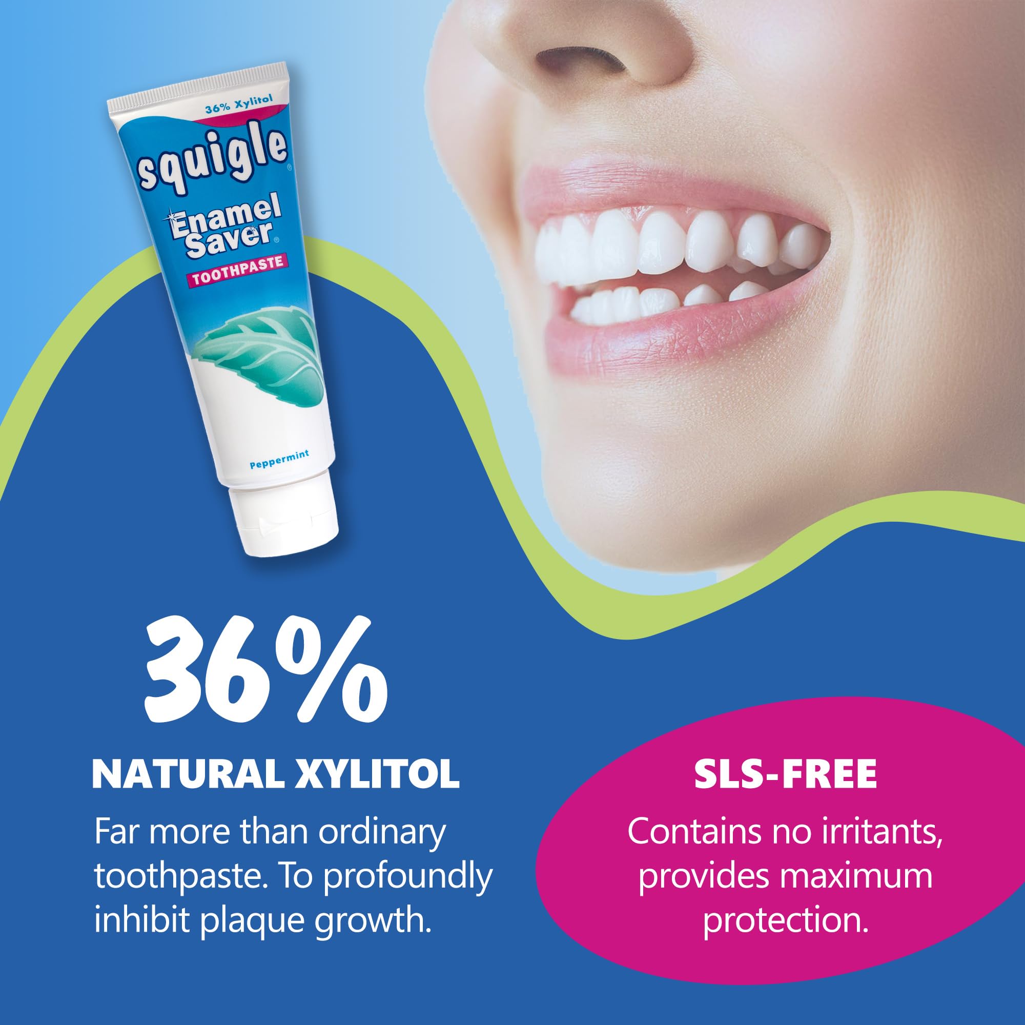 Squigle Enamel Saver sans SLS, douceur pour bouche sensible et irritation légère.