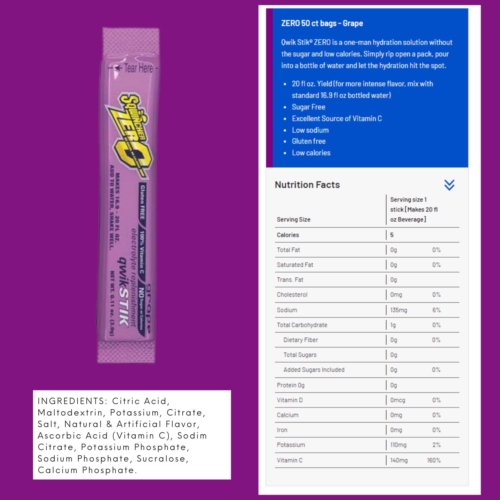 Sqwincher Zero Qwik Stik Zéro Raisin – sachet de 50 bâtons facile à emporter.