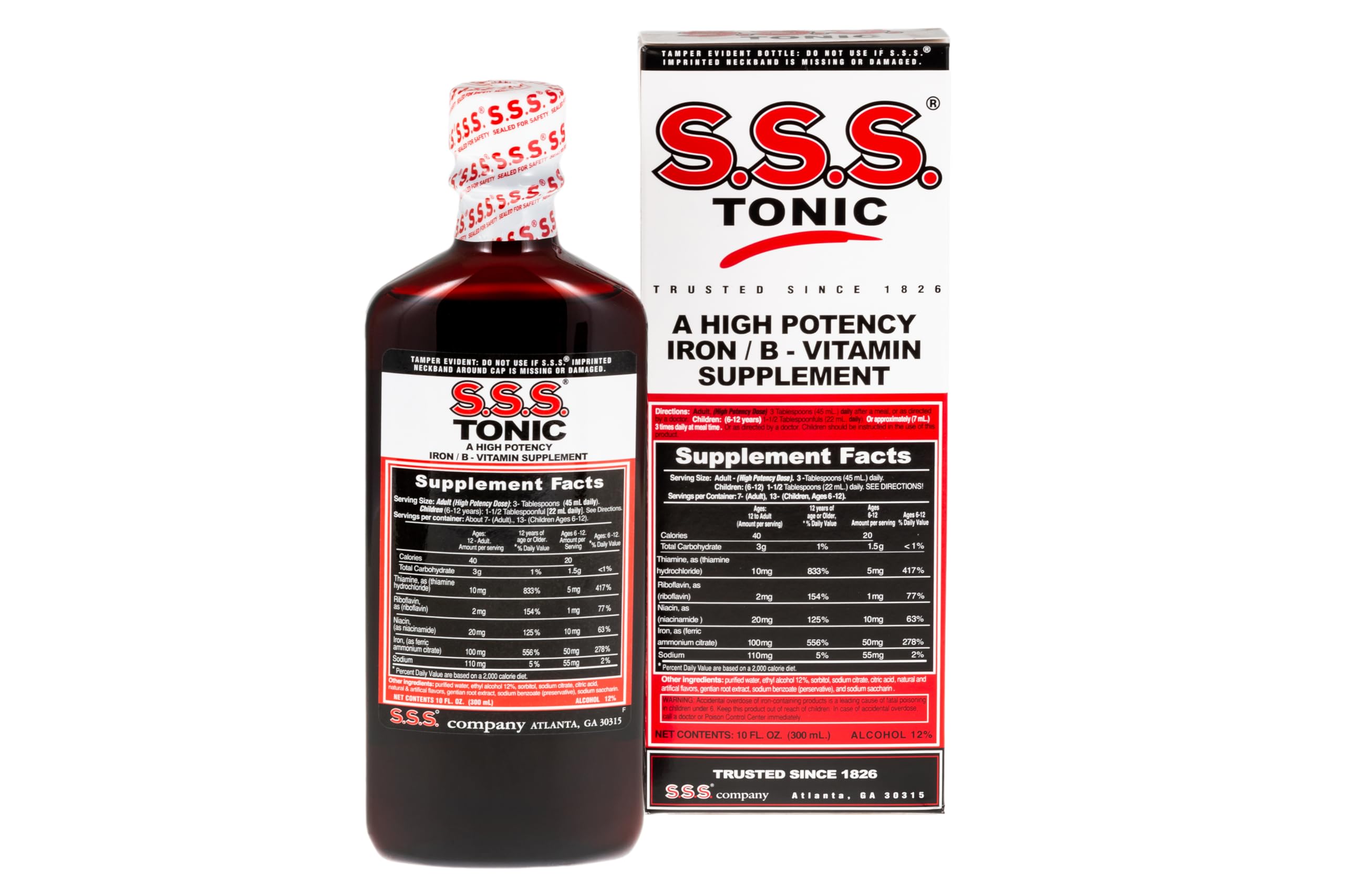 S.S.S. Tonic: bouteille et étiquette visibles, soutien nutritionnel potentiel.