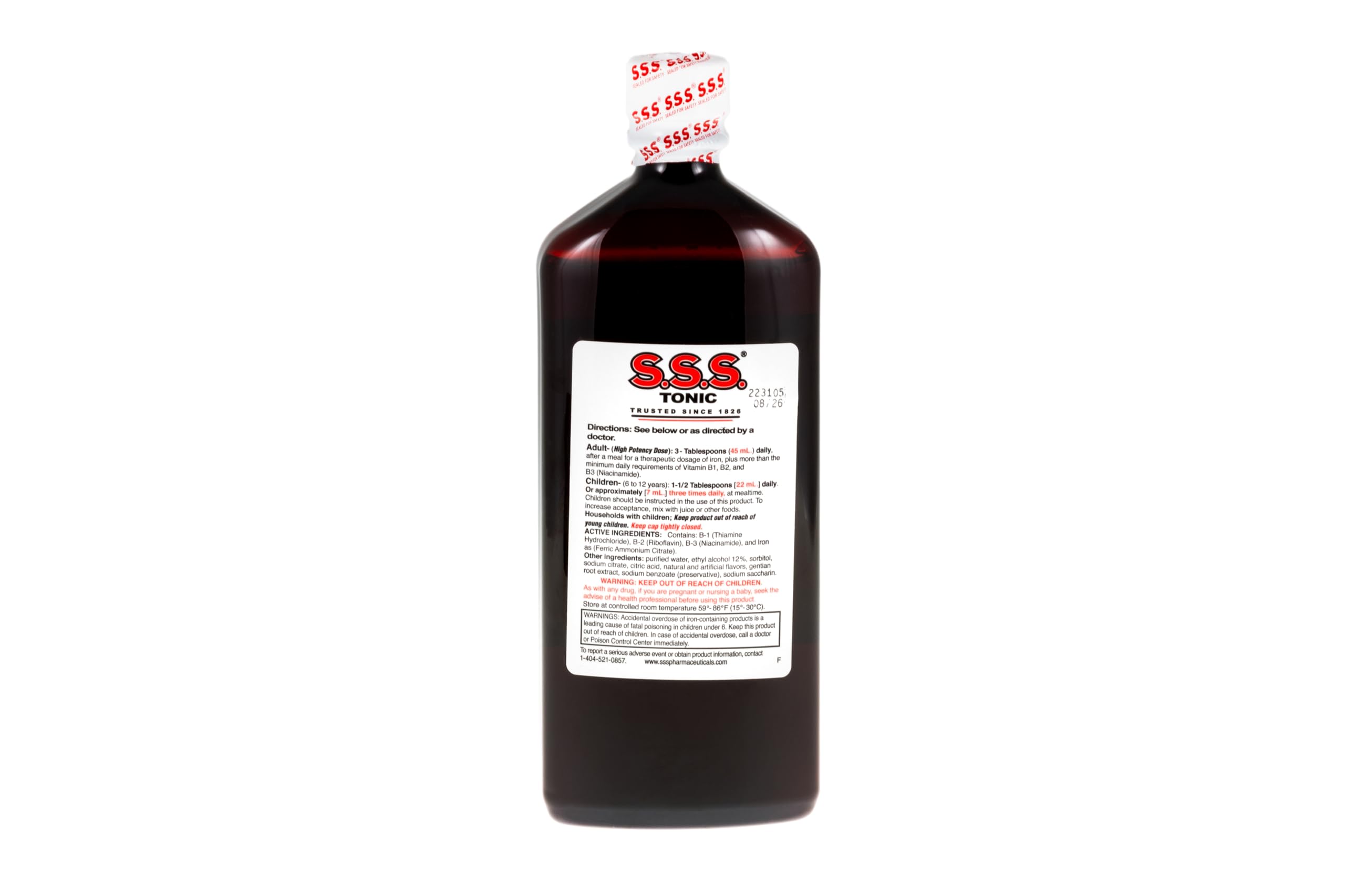 S.S.S. Tonic – étiquette montrant B1/B2/B3, soutien nutritionnel.
