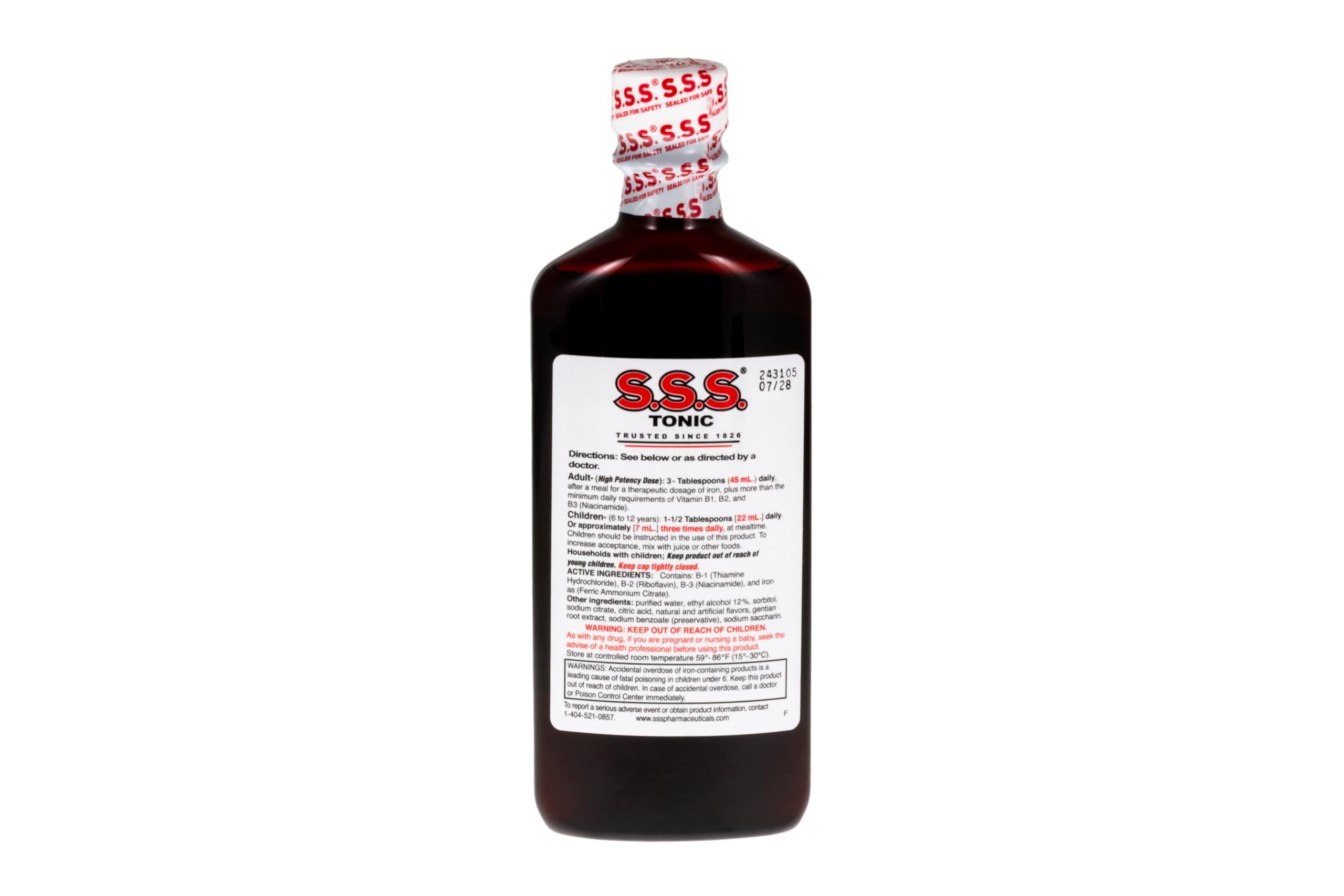 S.S.S. Tonic: étiquette lisible montrant fer et vitamines B pour l'énergie.