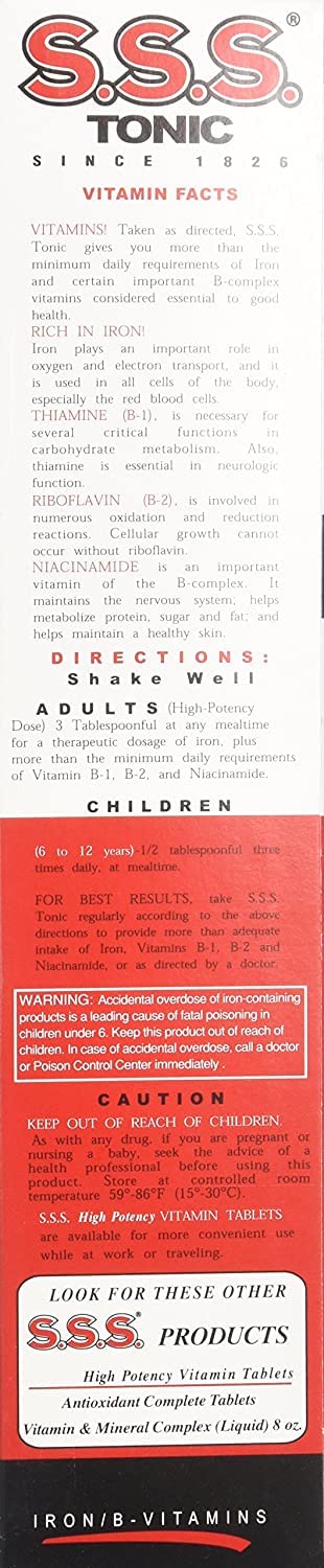S.S.S. Tonique Liquide – bouteille étiquette claire pour dosage précis.
