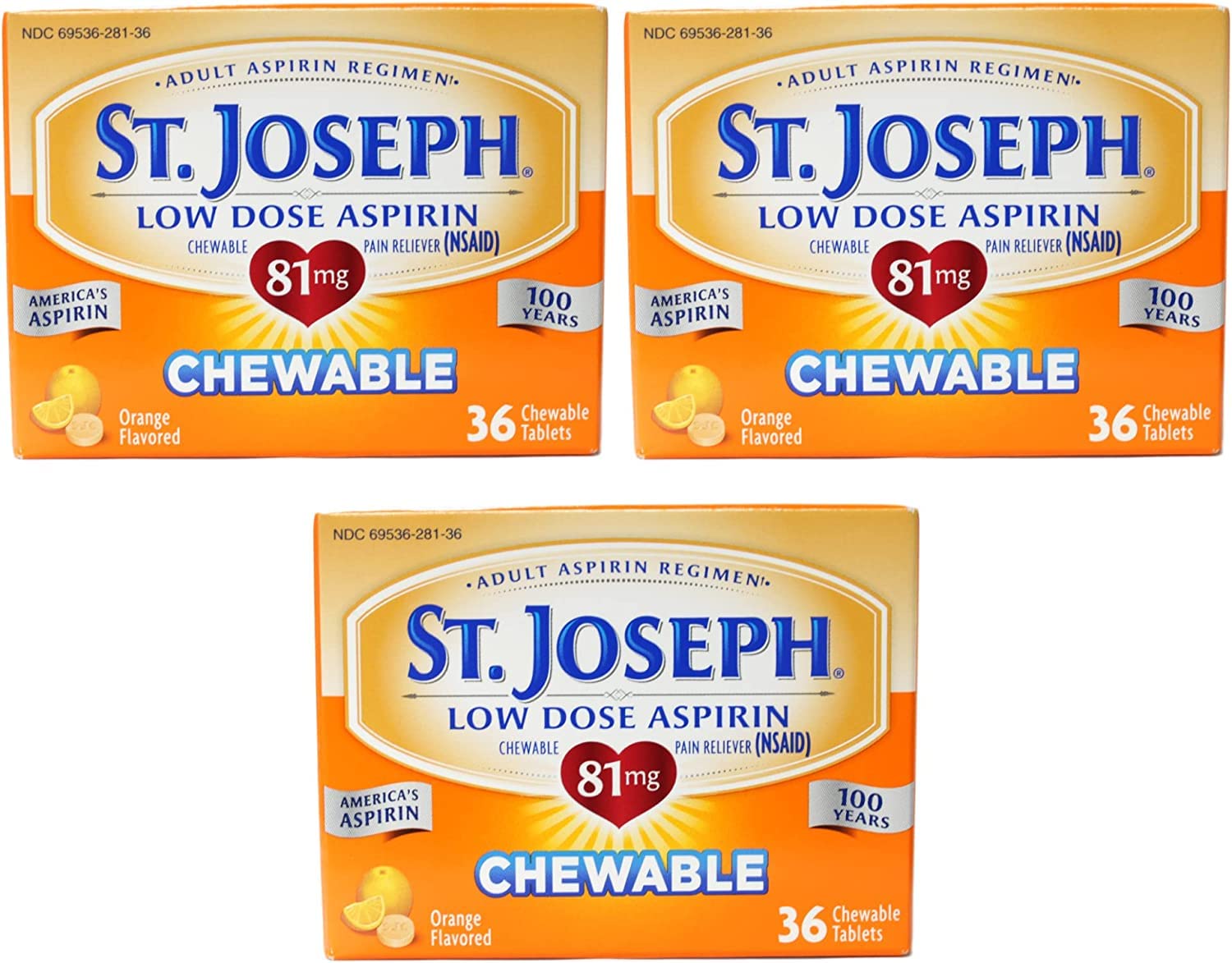 Aspirine St. Joseph 81 mg à croquer au goût orange, pratique en pack triple.