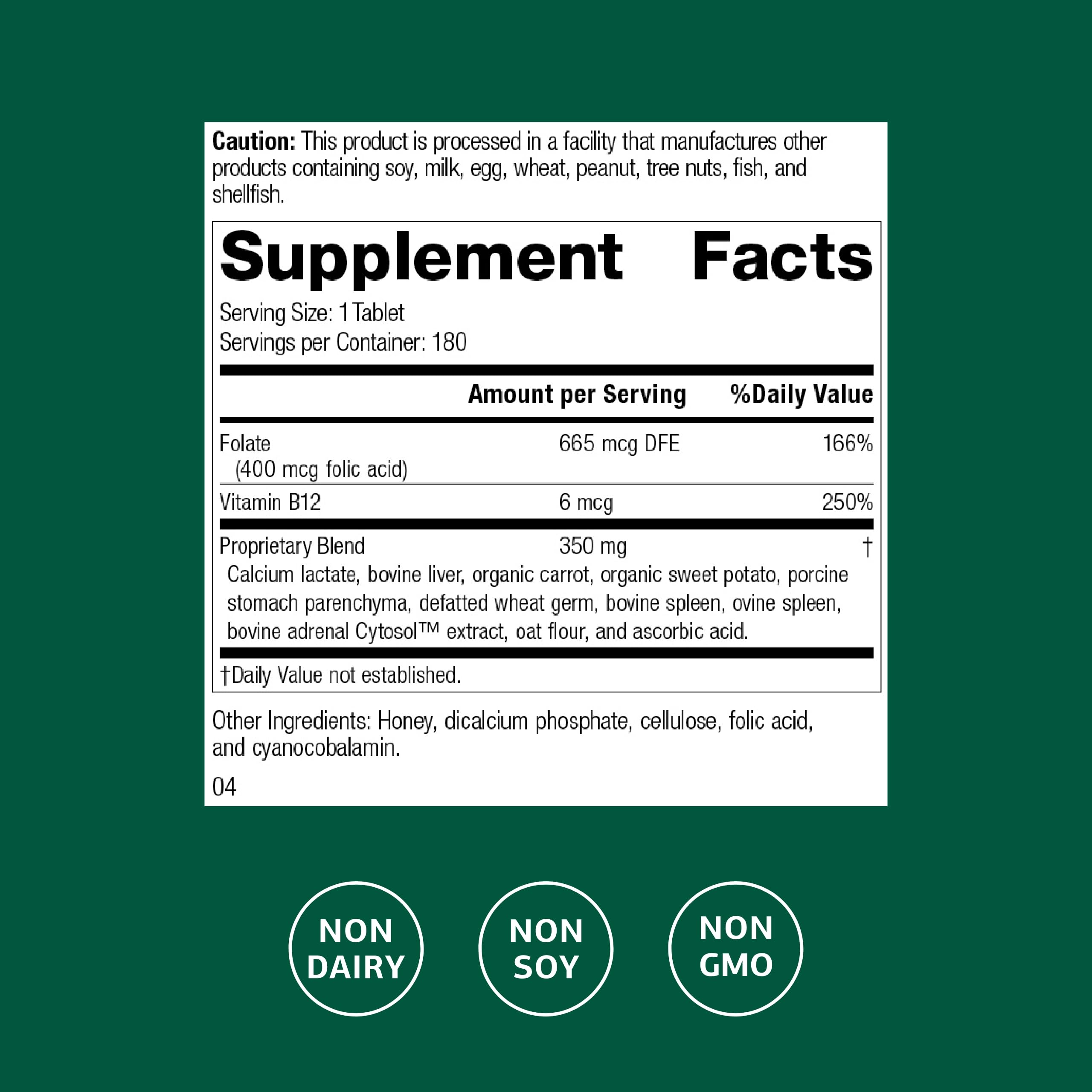 Standard Process Acide folique B12 – étiquette claire avec dosage et utilisation.