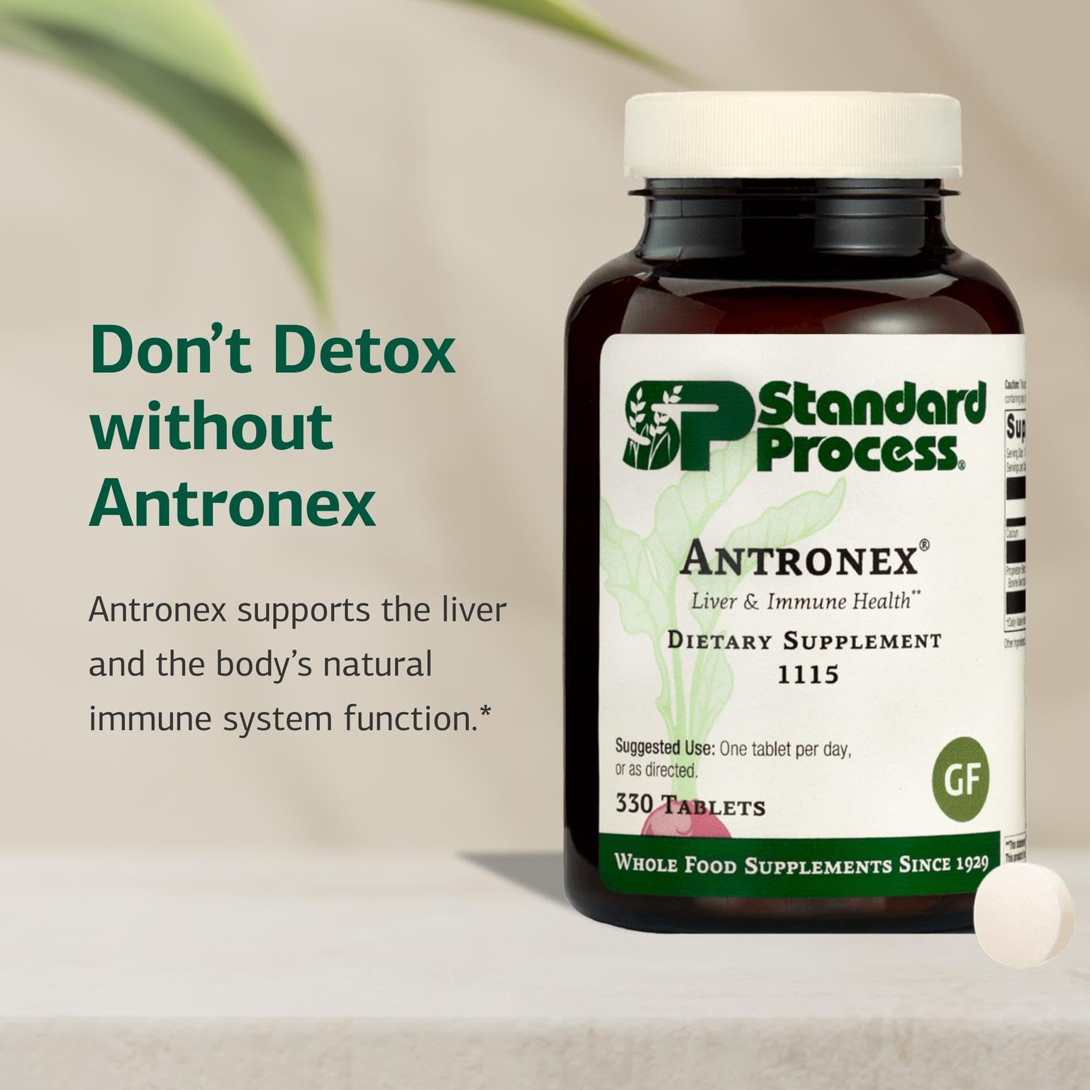 Standard Process Antronex, tablettes compactes en gros plan, dosage simple.